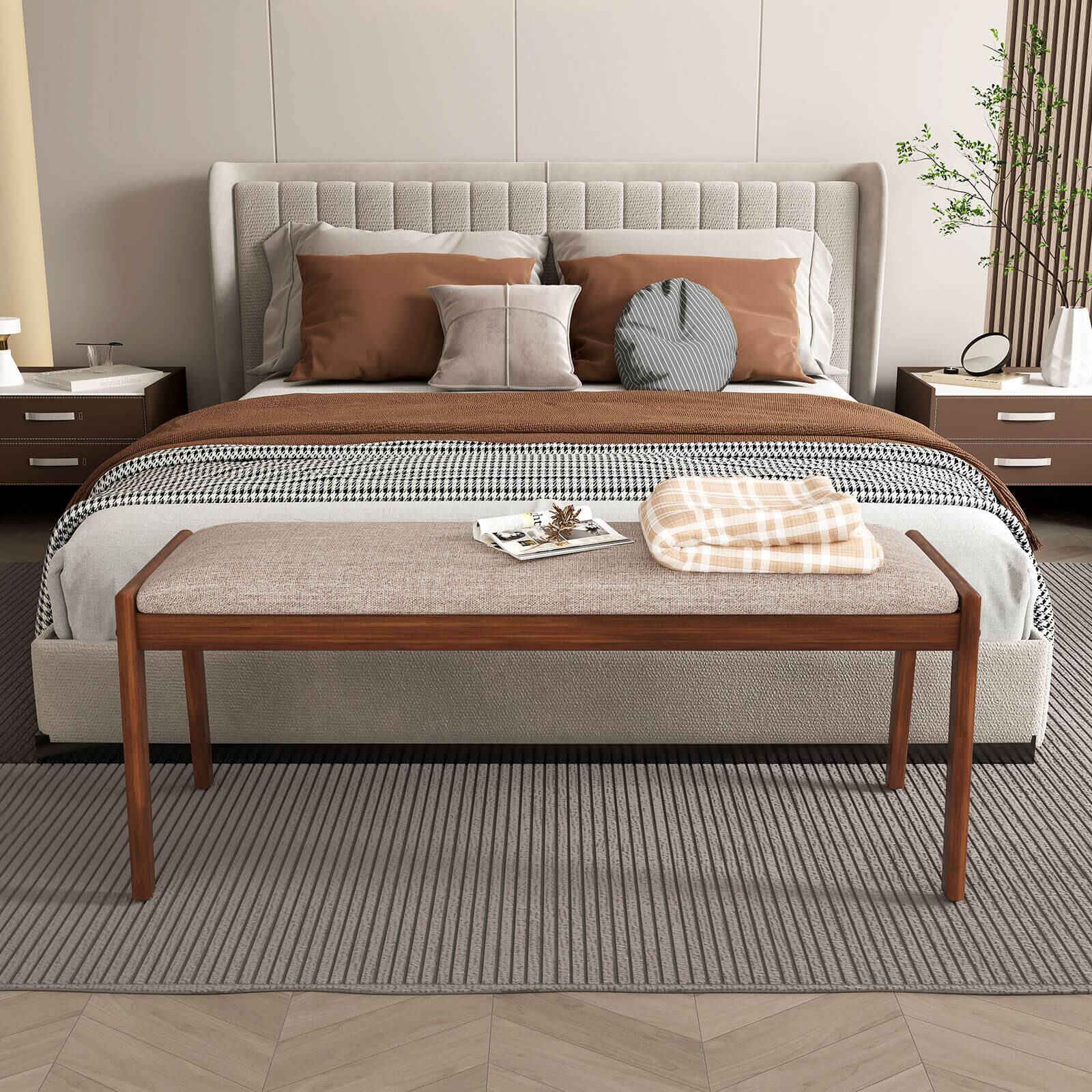 Alt View 1. Costway - Costway 1 PCS 45" Farmhouse Backless Bench with Rubber Wood Legs & Fabric Padded Seat - Walnut+Beige.