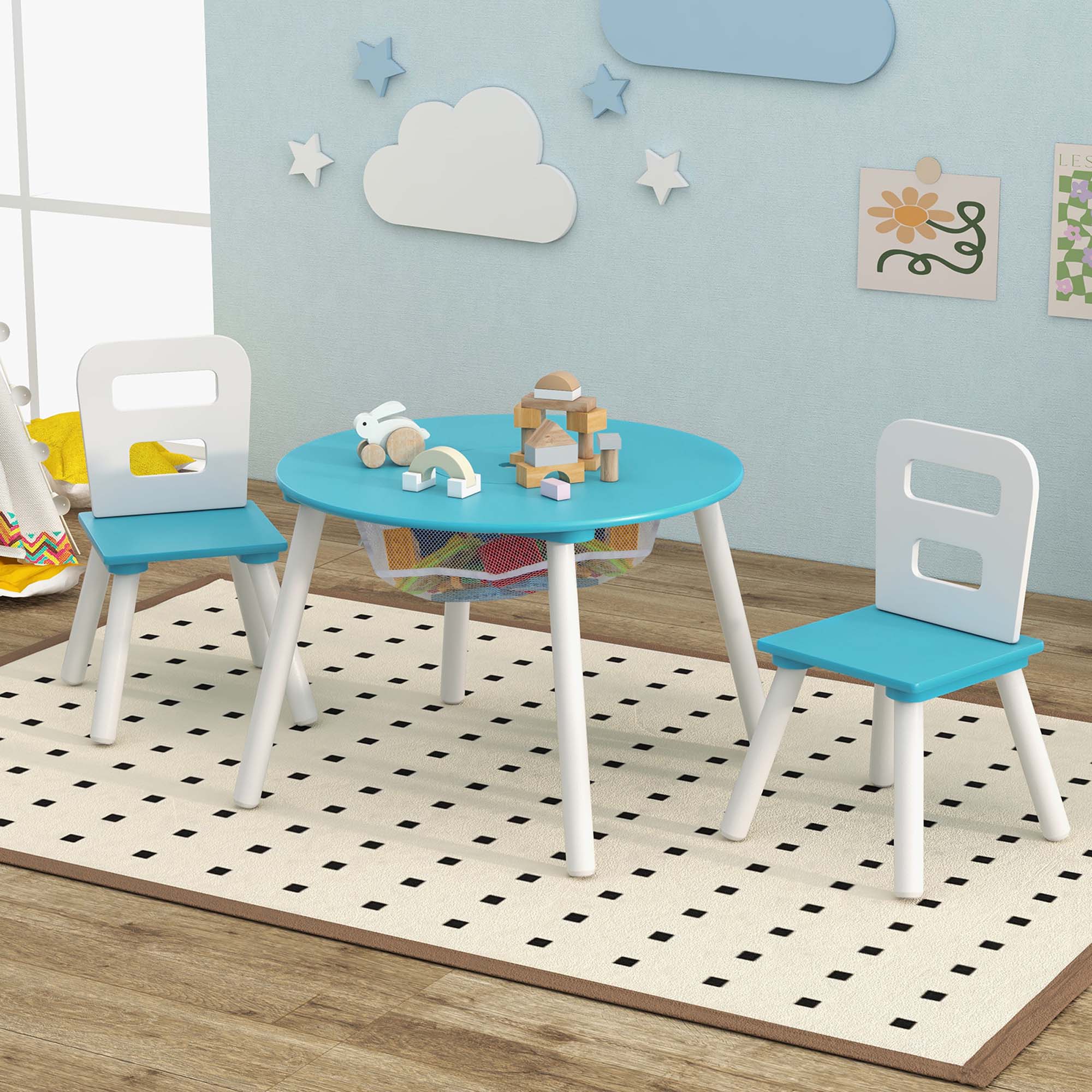 Alt View 1. Costway - Costway Kids Wooden Round Table & 2 Chair Set with Center Mesh Storage - Blue.