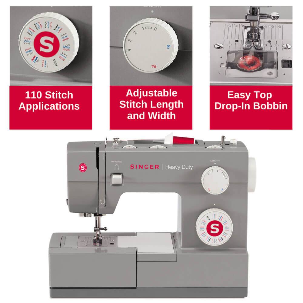 - 110 Stitch Applications
- Adjustable Stitch Length and Width
- Easy Top Drop-In Bobbin
- SINGER | Heavy Duty