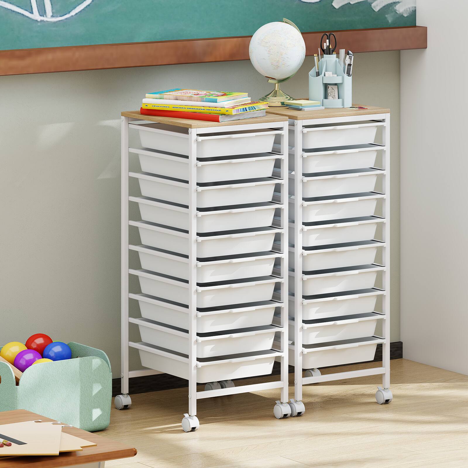 Alt View 1. Costway - Costway 10-Drawer Rolling Art & Craft Storage Carts, Mobile Utility Organizer with Wooden Tabletop - Natural + White.