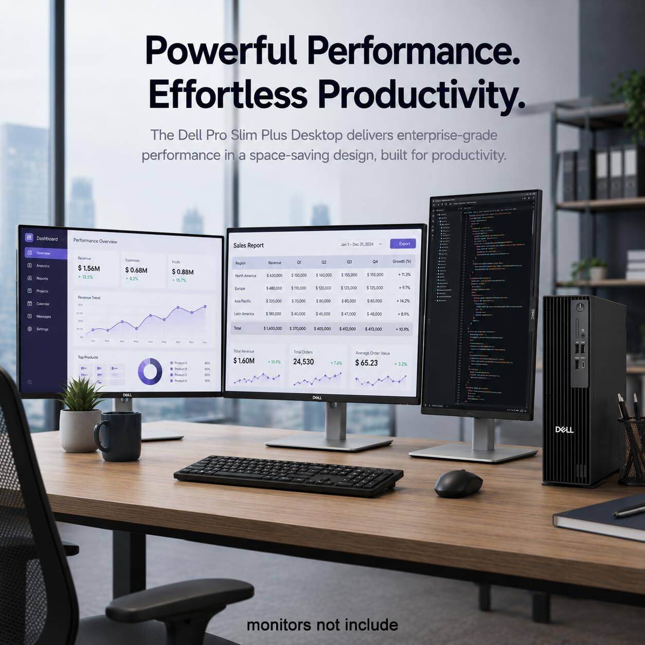 Powerful Performance. Effortless Productivity.  
The Dell Pro Slim Plus Desktop delivers enterprise-grade performance in a space-saving design, built for productivity.  

Dashboard  
Performance Overview  
Revenue  
$1.56M  
Expenses  
$0.68M  
Profit  
$0.88M  

Sales Report  
Region  
North America  
$10,000  
$10,000  
$10,000  
Europe  
$4,000  
$4,000  
$4,000  
Latin America  
$2,000  
$2,000  
$2,000  

Top Products  
Product A  
40%  
Product B  
30%  
Product C  
20%  

Average Order Value  
$65.23  

monitors not include