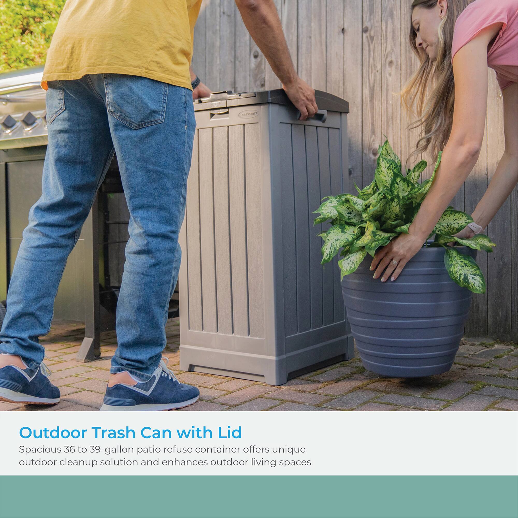 Outdoor Trash Can with Lid  
Spacious 36 to 39-gallon patio refuse container offers unique outdoor cleanup solution and enhances outdoor living spaces