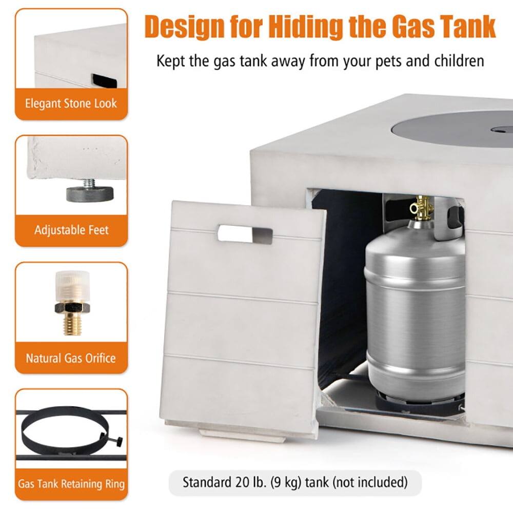 Design for Hiding the Gas Tank  
Kept the gas tank away from your pets and children  

- Elegant Stone Look  
- Adjustable Feet  
- Natural Gas Orifice  
- Gas Tank Retaining Ring  

Standard 20 lb. (9 kg) tank (not included)