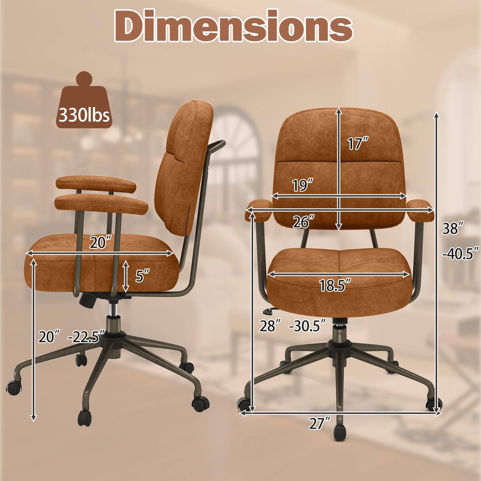 Dimensions:  
- Weight: 330 lbs  
- Seat Height: 17"  
- Seat Width: 19"  
- Seat Depth: 20"  
- Back Height: 26"  
- Armrest Height: 18.5"  
- Overall Height: 38" - 40.5"  
- Overall Width: 20" - 22.5"  
- Overall Depth: 28" - 30.5"  
- Base Width: 27"