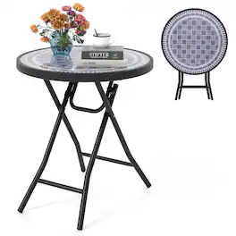 Costway - 18" Folding Side Table Round Compact Coffee Table with Tempered Glass Tabletop - Gray