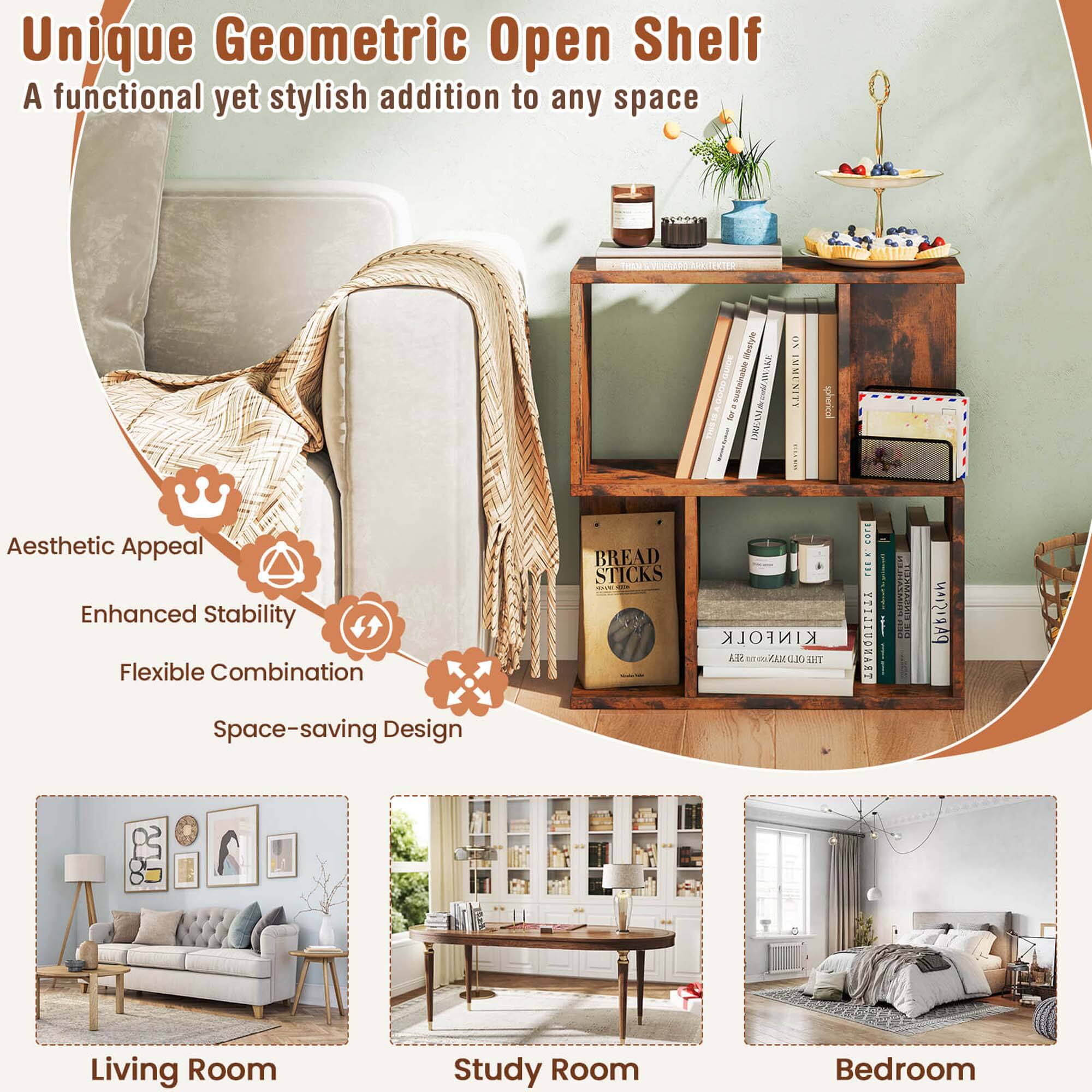 Unique Geometric Open Shelf: A functional yet stylish addition to any space.

Features:

1. Aesthetic Appeal: Enhanced Stability
2. Flexible Combination: Space-saving Design
3. Living Room: A comfortable and inviting space for relaxation and socializing.
4. Study Room: A dedicated area for focused work and learning.
5. Bedroom: A cozy and restful environment for sleep and rest.