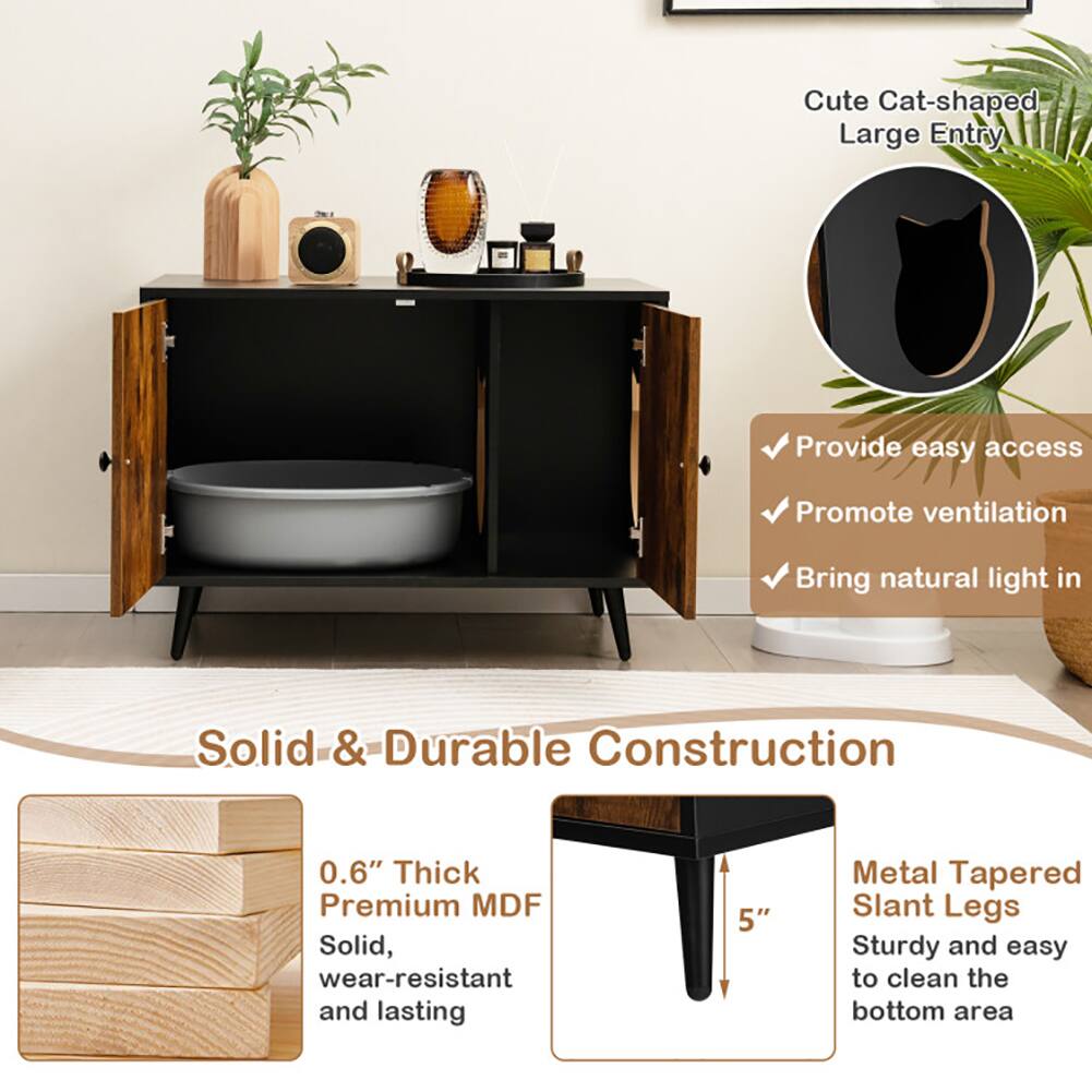 Cute Cat-shaped Large Entry  
- Provide easy access  
- Promote ventilation  
- Bring natural light in  

Solid & Durable Construction  
- 0.6" Thick Premium MDF Solid, wear-resistant and lasting  
- 5" Metal Tapered Slant Legs Sturdy and easy to clean the bottom area