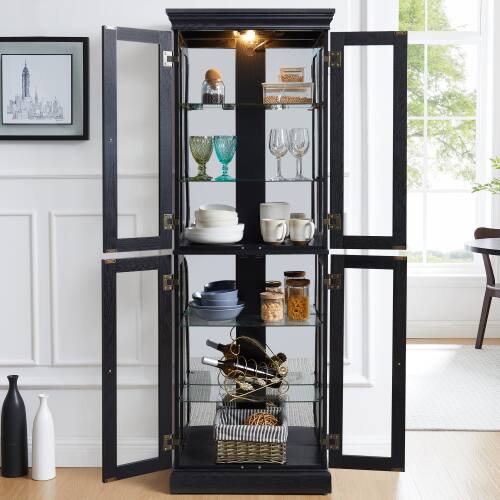 Left. LUCKY ONE - Freestanding Lighted Glass Curio Display Cabinet with Adjustable Shelves for Wine Toys Collectibles - Black.