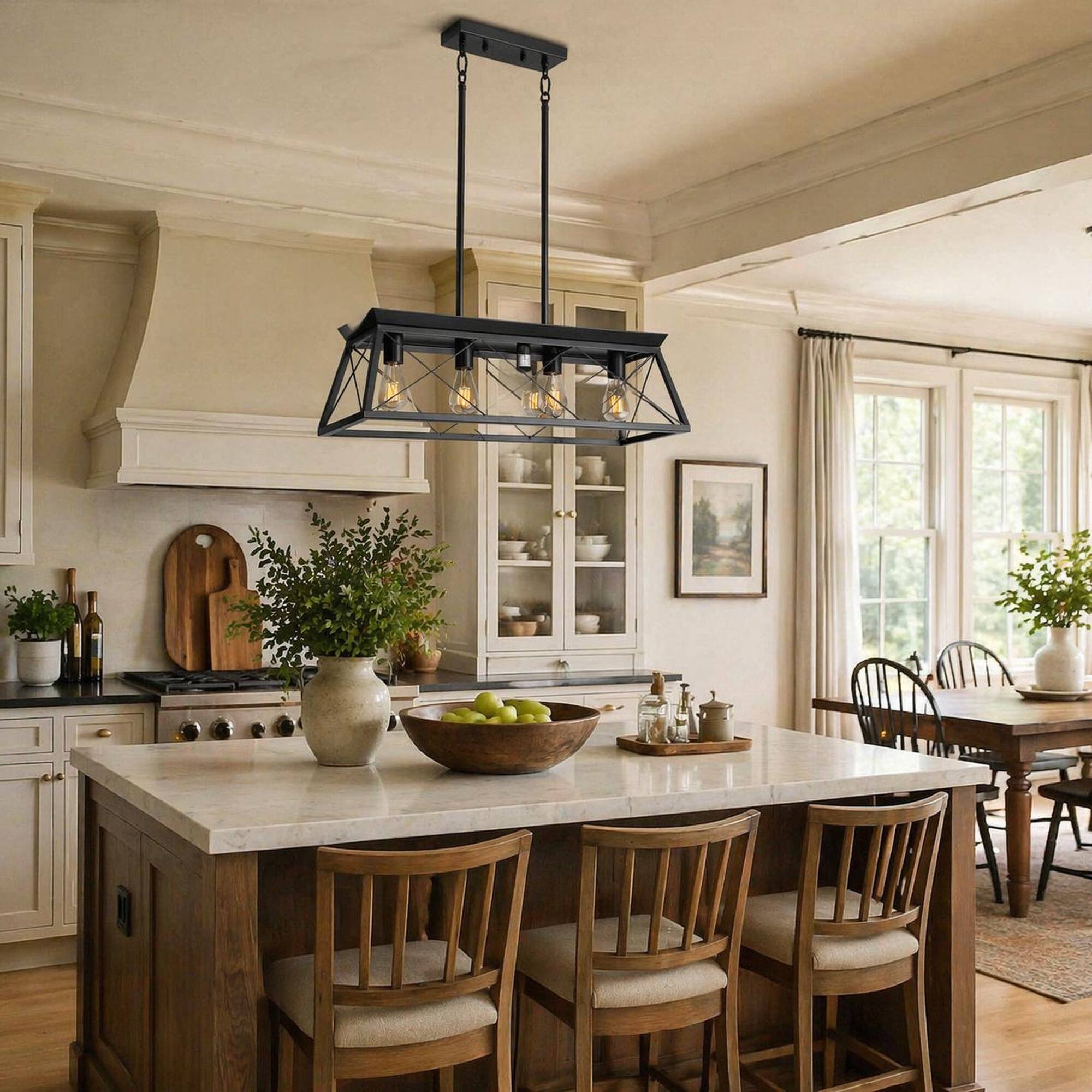 Angle. RYHNUYNE - 32 in. Black Industrial 5-Light Pendant Chandelier, Kitchen Island Lighting for Dining Room - Black.
