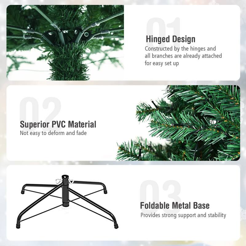 01 Hinged Design  
Constructed by the hinges and all branches are already attached for easy set up

02 Superior PVC Material  
Not easy to deform and fade

03 Foldable Metal Base  
Provides strong support and stability