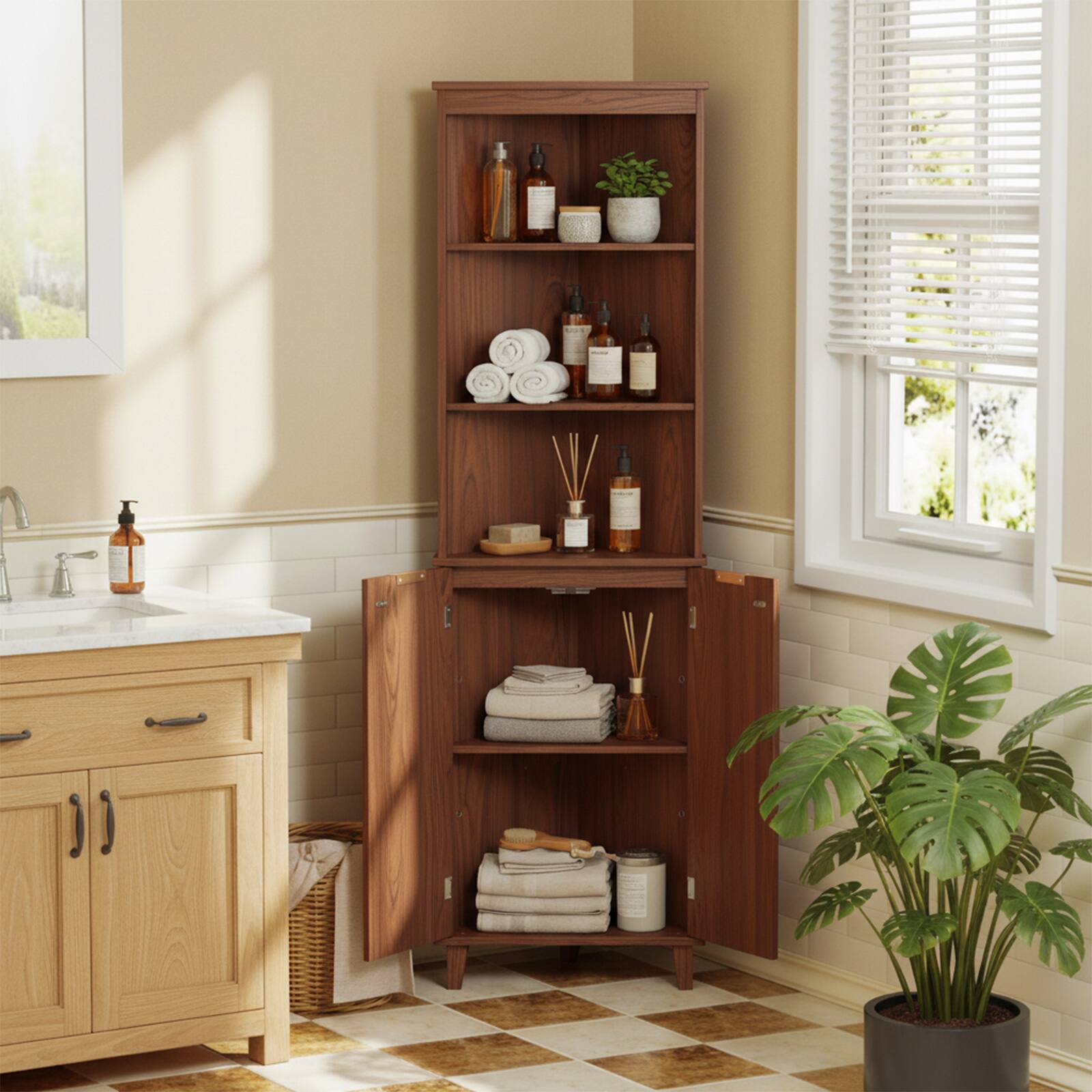 Alt View 3. Costway - Costway 68" Tall Corner Cabinet with Fluted Doors, 6-Tier Space Saver Display Shelves Bathroom Storage Cabinet - Walnut.