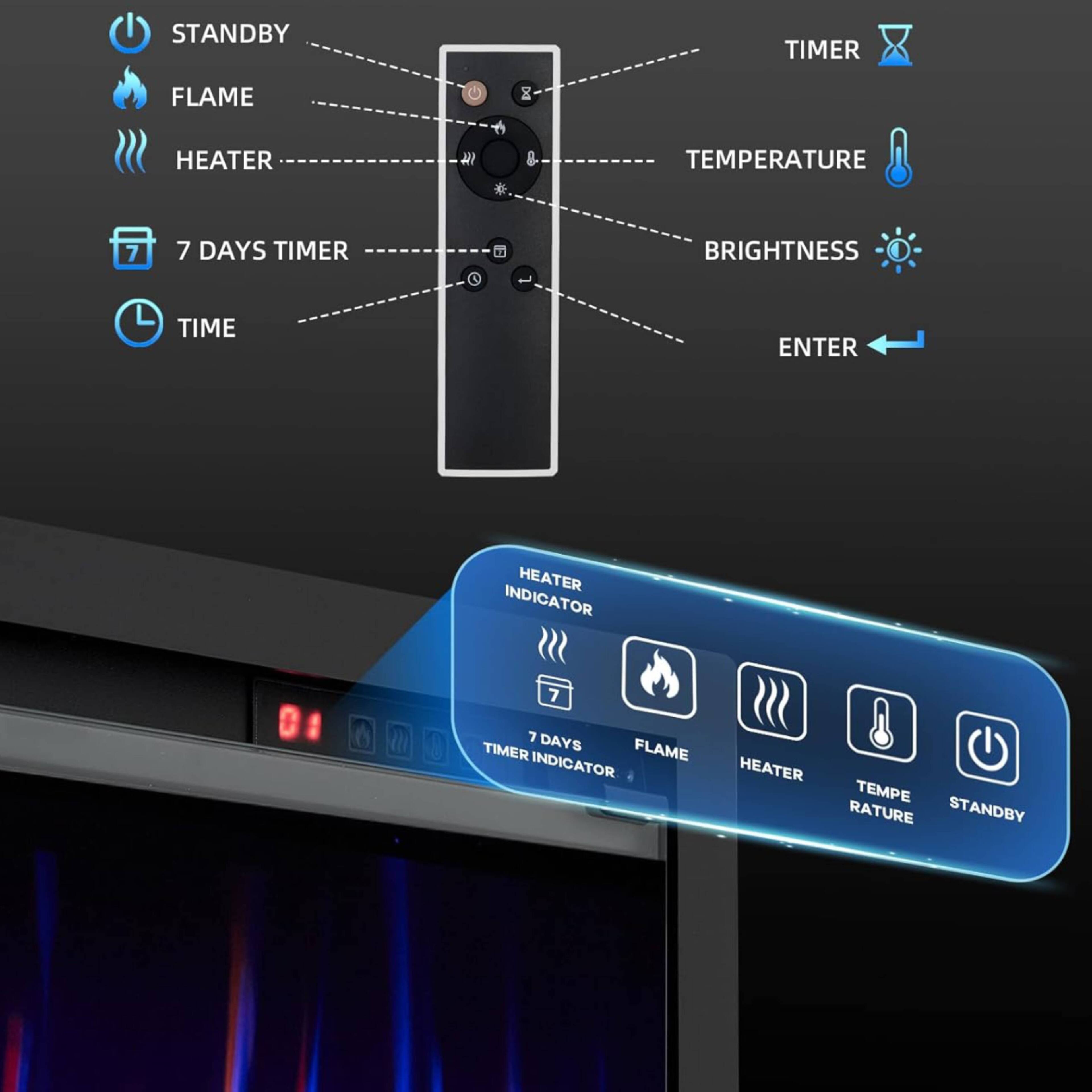 Sure, here is the corrected and grouped text from the image:

- STANDBY
- FLAME
- HEATER
- 7 DAYS TIMER
- TIME
- TIMER
- TEMPERATURE
- BRIGHTNESS
- ENTER

- HEATER INDICATOR
- 7 DAYS TIMER
- FLAME INDICATOR
- HEATER
- TEMPERATURE
- STANDBY
