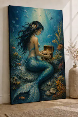 FC Design - Large Ready-to-Hang 24x36"- Mermaid Ocean Treasure Art Painting Home Wall Décor - MultiColor