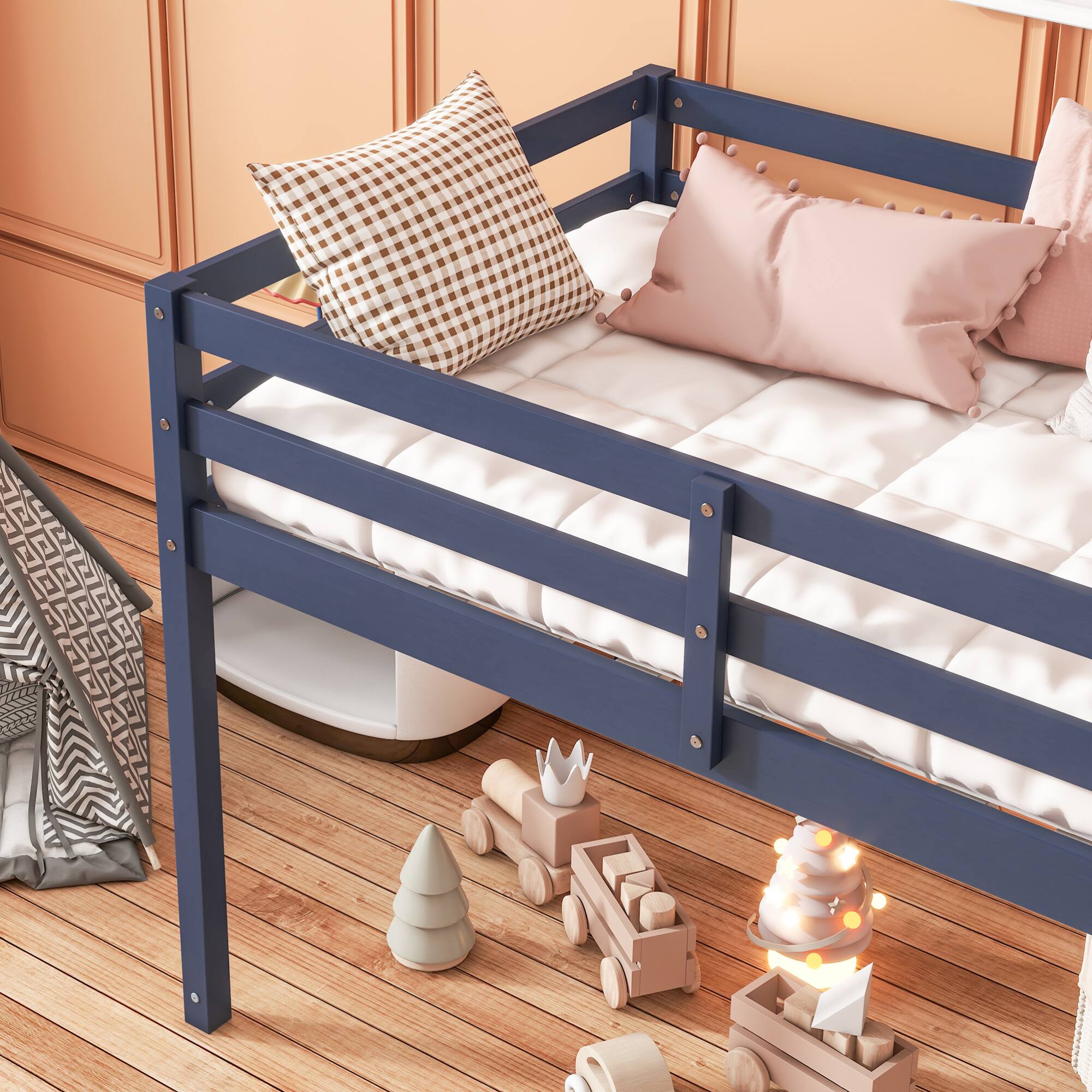 Alt View 6. GOODSILO - Solid Wood Twin Loft Bed with Ladder and Strengthened Slats for Enhanced Stability and Space Optimization - Blue.