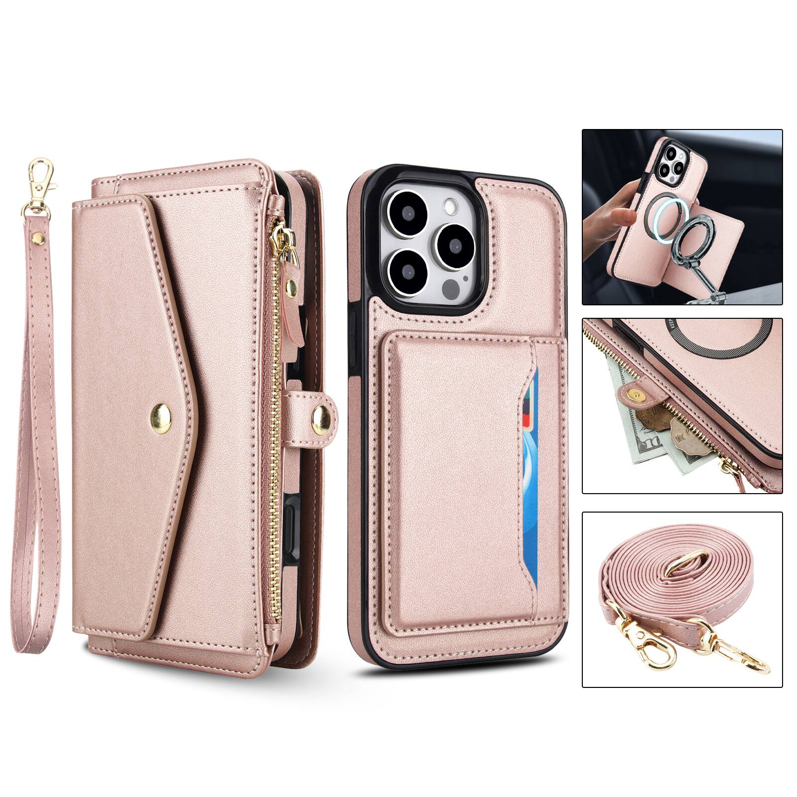 Alt View 5. Dteck - Crossbody RFID Blocking Zipper Wallet Card For iPhone 16 Pro Handbag Magnetic Kickstand Wrist Strap Case - Rosegold.