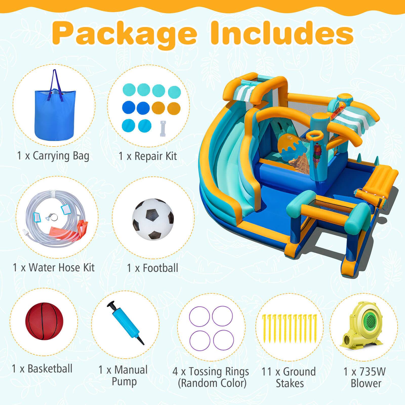 Package Includes

1 x Carrying Bag  
1 x Repair Kit  
1 x Water Hose Kit  
1 x Football  
1 x Basketball  
1 x Manual Pump  
4 x Tossing Rings (Random Color)  
11 x Ground Stakes  
1 x 735W Blower