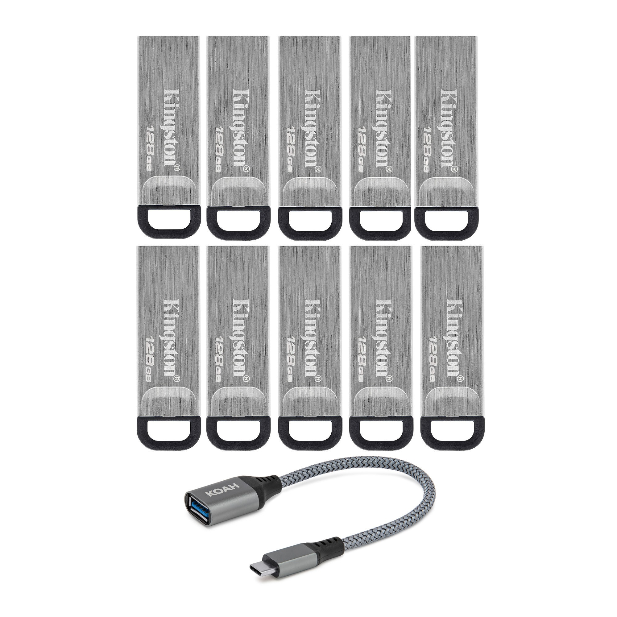 Kingston - 128GB DataTraveler Kyson 200MB/s Read 60MB/s Write Speed Flash Drive (10-pack) with USB-C Adapter bundle - Silver