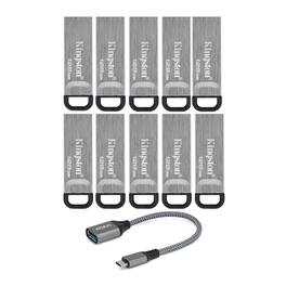 Kingston - 128GB DataTraveler Kyson 200MB/s Read 60MB/s Write Speed Flash Drive (10-pack) with USB-C Adapter bundle - Silver