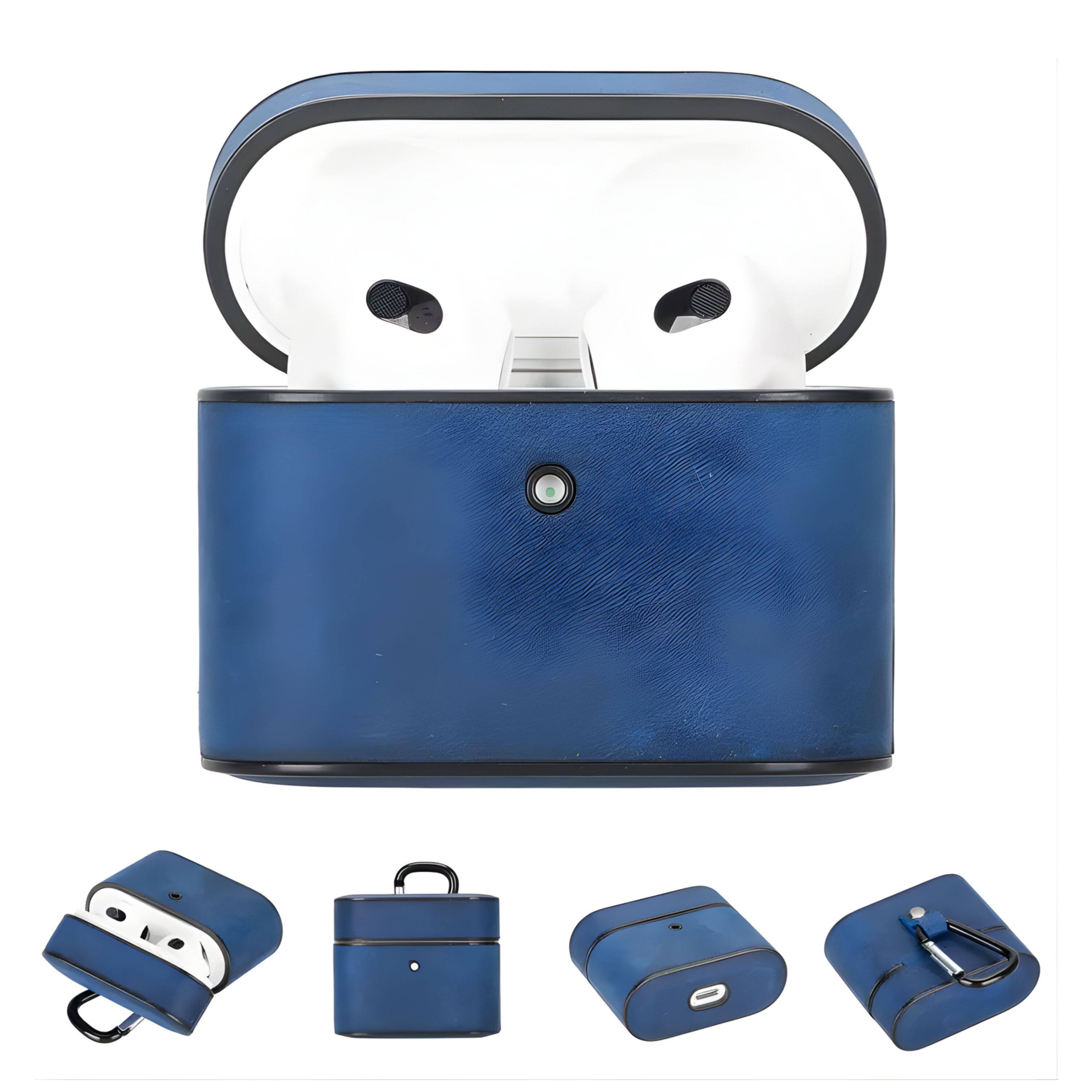 Angle. Kitcheniva - Leather Case For Apple AirPods 3 Dark Blue - Dark Blue.