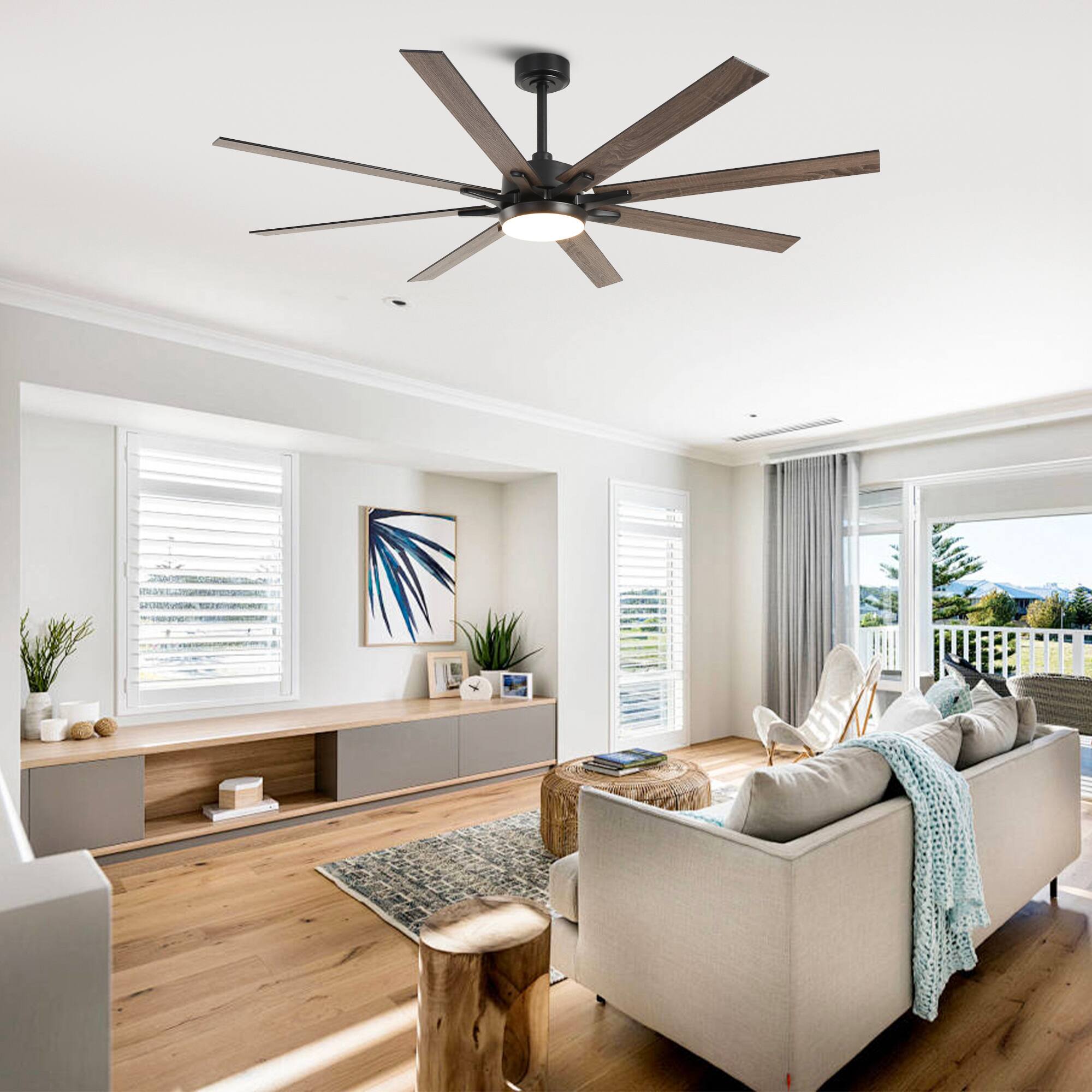 Angle. Parrot Uncle - 65-inch Indoor LED Ceiling Fan with Light and Remote Control, 8 Reversible Blades, DC Reversible Motor - Black.