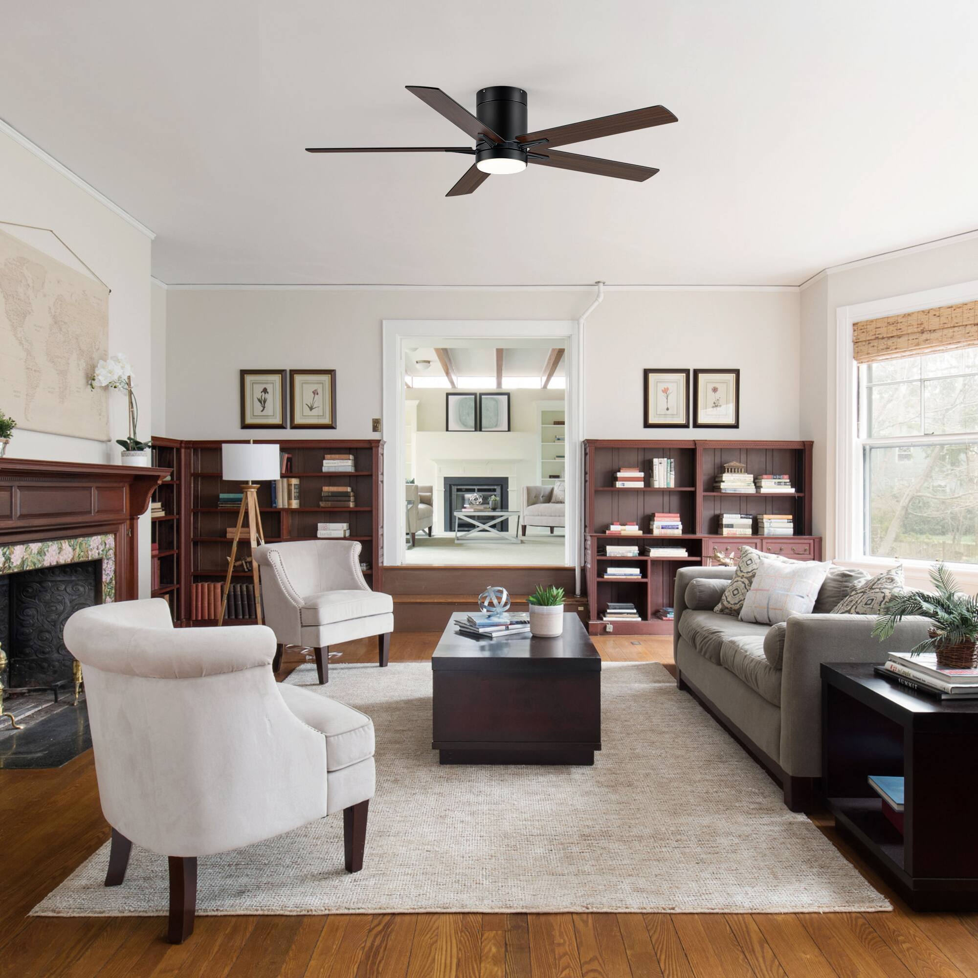 Alt View 1. Breezary - 52'' Flush Mount Ceiling Fan, 3-Color Light, 5 Plywood Blades, DC Motor, 6-Speed Remote Control, Timer & Memory - Matte Black and Deep Wood Grain.