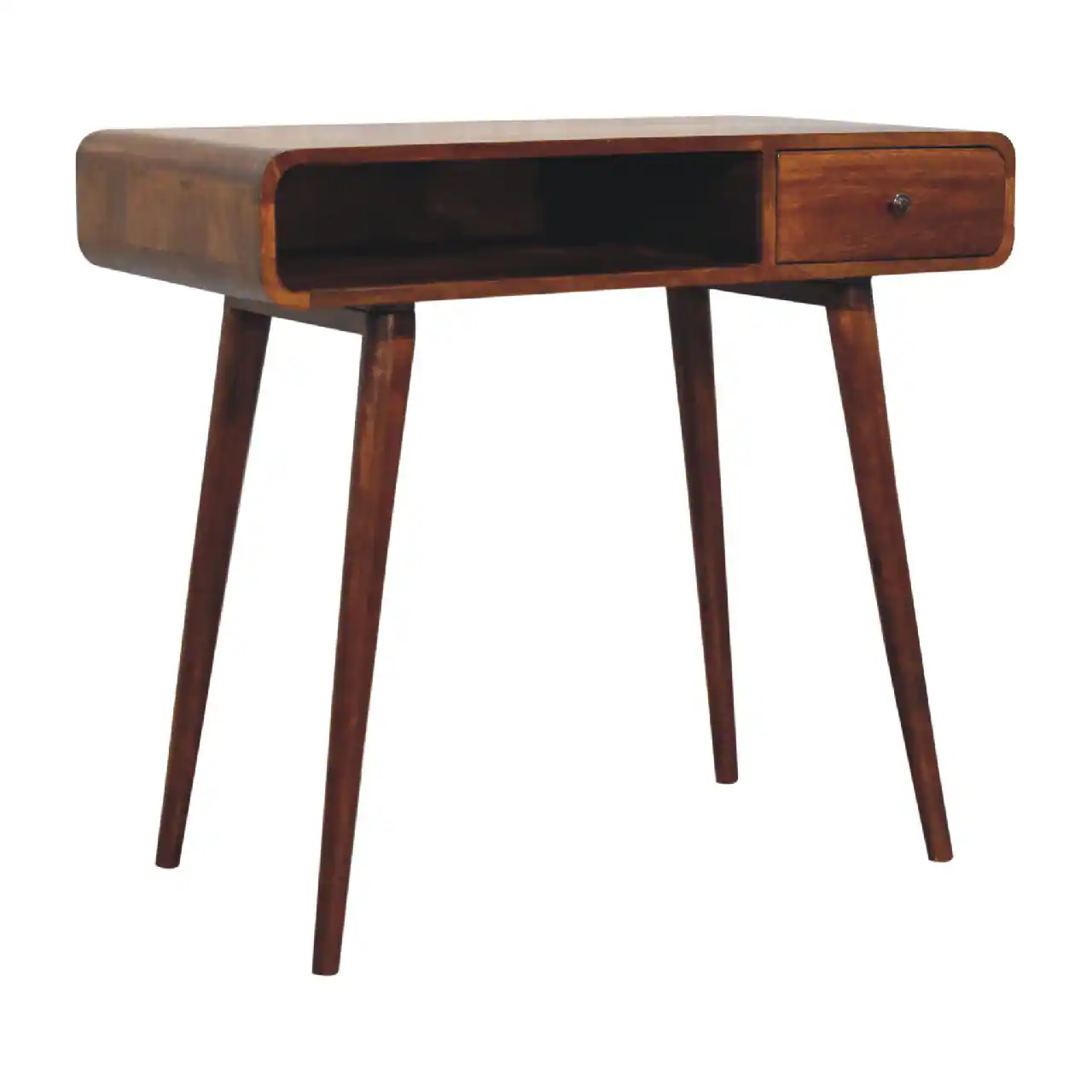 Left. Artisan Furniture - Artisan Furniture Solid Wood Curved Chestnut Writing Desk, 1 Drawer, 1 Shelf, Dark Brown - Dark Brown.