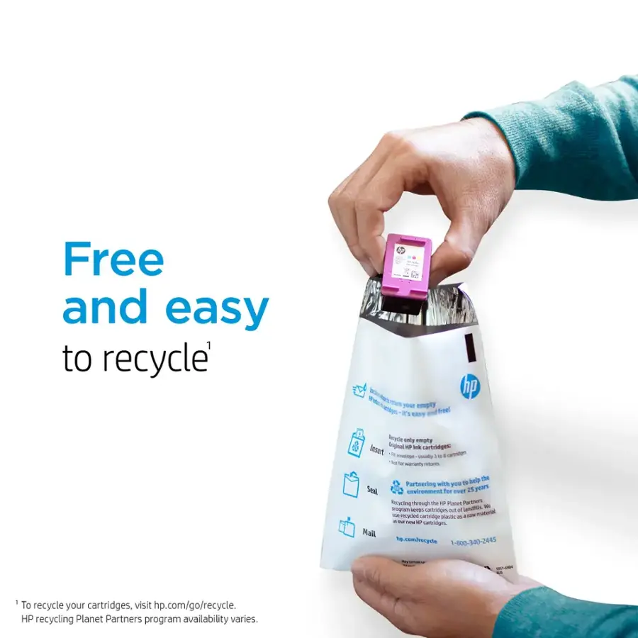 "Free and easy to recycle" HP ink cartridges: It's easy to empty and free to recycle your Original HP ink cartridges. Usually, you can recycle one cartridge per HP ink cartridge for the same model and warranty period. Keep cartridges out of the trash and help us keep cartridges out of the environment for 25 years. Partnering with you to Seal the environment through the HP Planet Partners program keeps cartridges out of the waste stream and keeps cartridges out of the environment. Mail hp.com/recycle or call 1-800-340-2445. To recycle your cartridges, visit hp.com/go/recycle. HP recycling Planet Partners program availability varies.