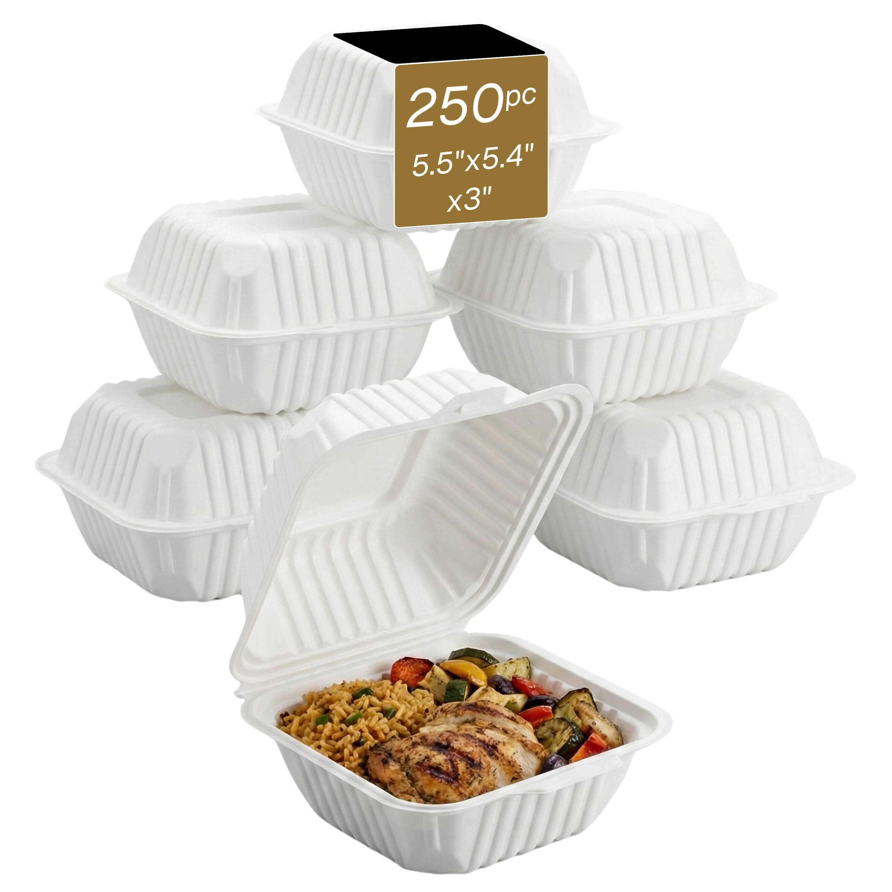 Eco Harmony Products - Clamshell (MFPP) Hinged Container (Center Slide), 5.5" x 5.4", 250-Pack - White