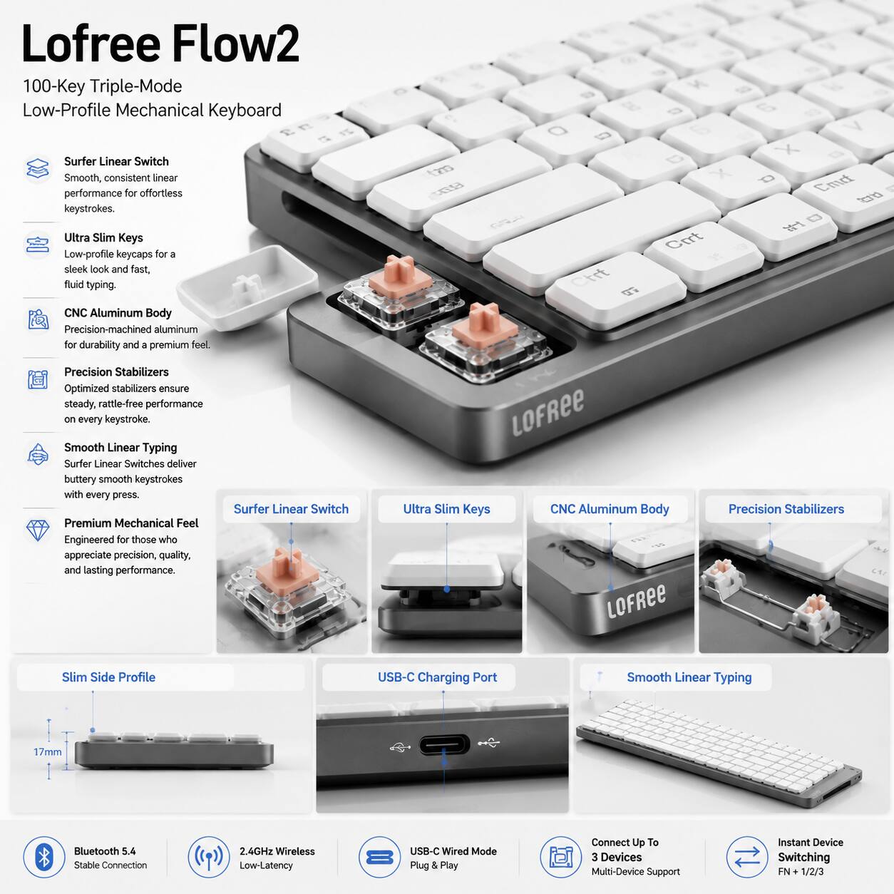 Lofree Flow2 100-Key Triple-Mode Low-Profile Mechanical Keyboard

- Surfer Linear Switch: Smooth, consistent linear performance for effortless keystrokes.
- Ultra Slim Keys: Low-profile keycaps for a sleek look and fast, fluid typing.
- CNC Aluminum Body: Precision-machined aluminum for durability and a premium feel.
- Precision Stabilizers: Optimized stabilizers ensure steady, rattle-free performance on every keystroke.
- Smooth Linear Typing: Surfer Linear Switches deliver buttery smooth keystrokes with every press.
- Premium Mechanical Feel: Engineered for those who appreciate precision, quality, and lasting performance.

- Slim Side Profile
- USB-C Charging Port
- Bluetooth 5.4 Stable Connection
- 2.4GHz Wireless Low-Latency
- USB-C Wired Mode
- Connect Up To 3 Devices
- Instant Device Switching (FN + 1/2/3)