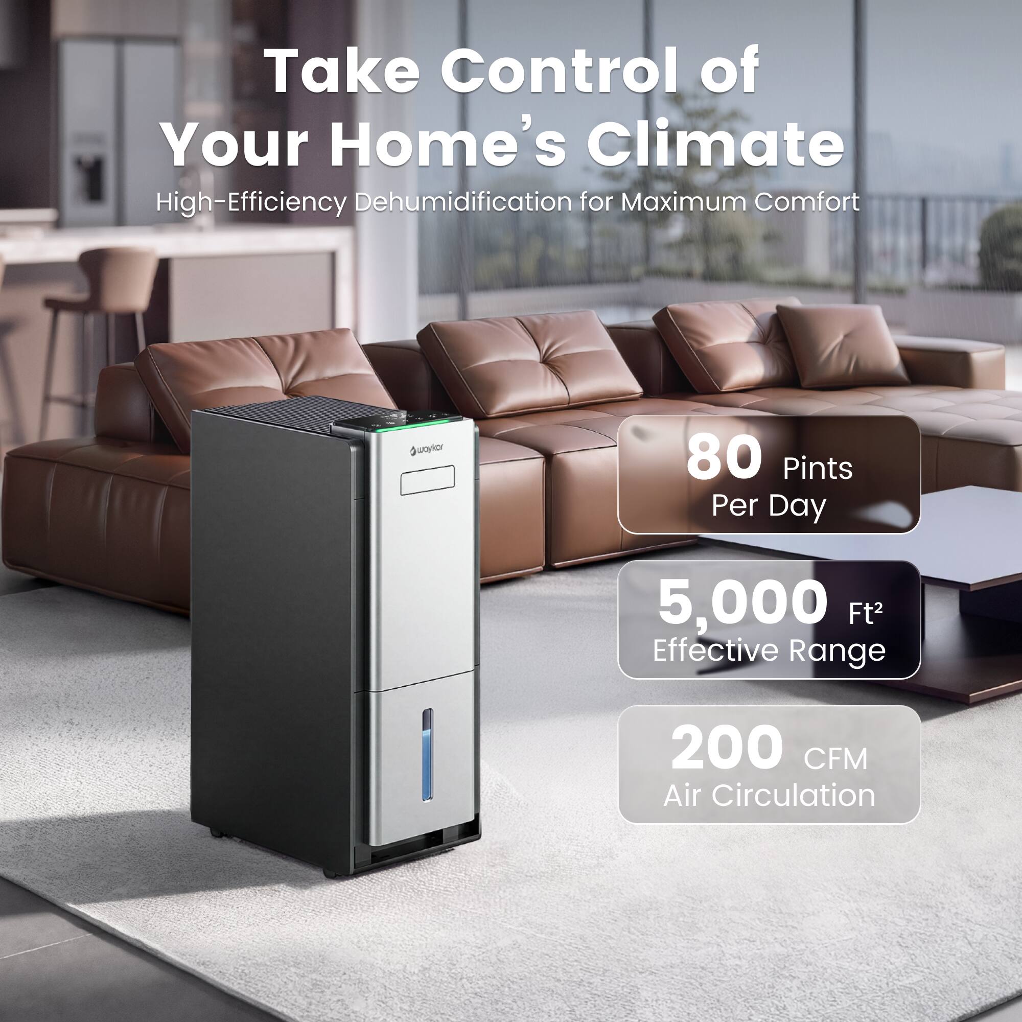Take Control of Your Home's Climate  
High-Efficiency Dehumidification for Maximum Comfort  
80 Pints Per Day  
5,000 Ft² Effective Range  
200 CFM Air Circulation
