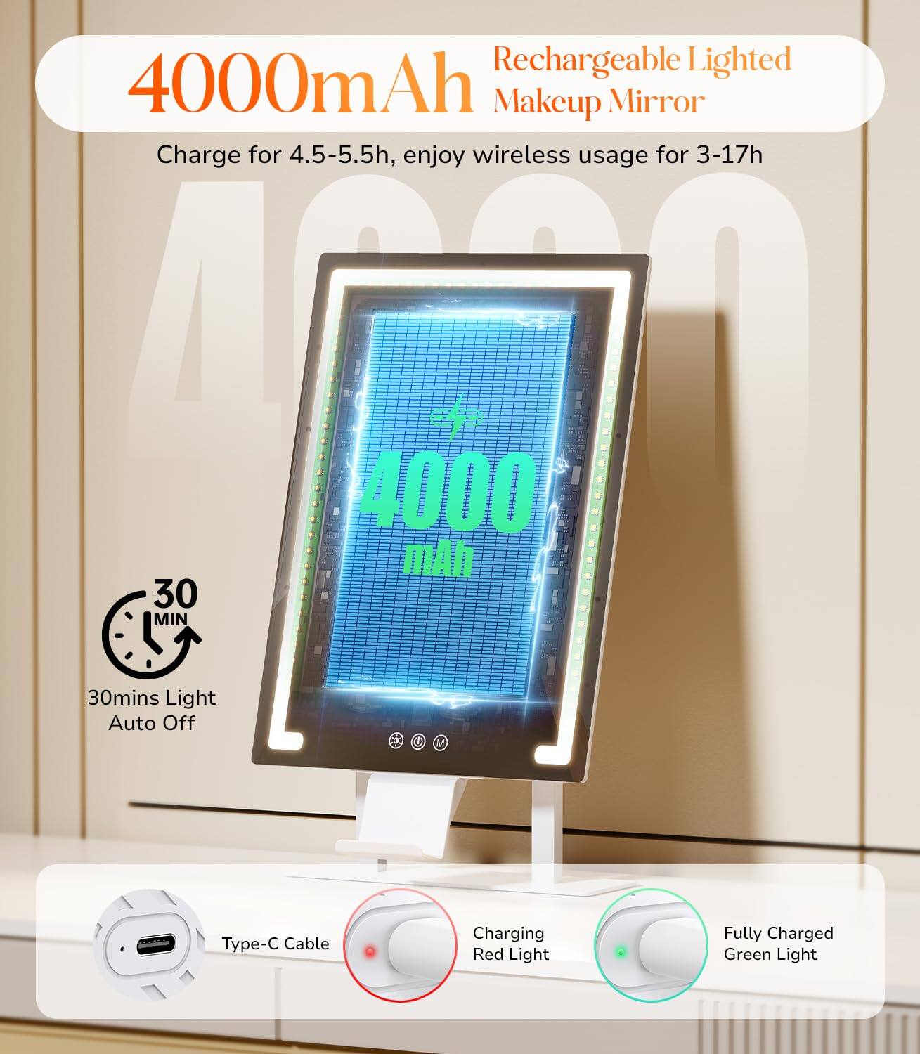 Rechargeable Lighted Makeup Mirror

4000mAh

Charge for 4.5-5.5h, enjoy wireless usage for 3-17h

30mins Light Auto Off

Type-C Cable

Charging Red Light

Fully Charged Green Light