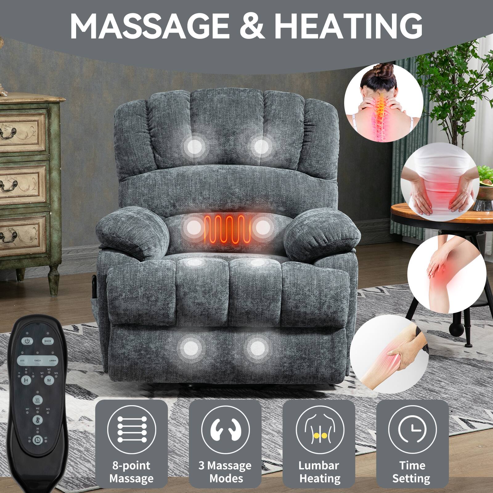 MASSAGE & HEATING

- 8-point Massage
- 3 Massage Modes
- Lumbar Heating
- Time Setting