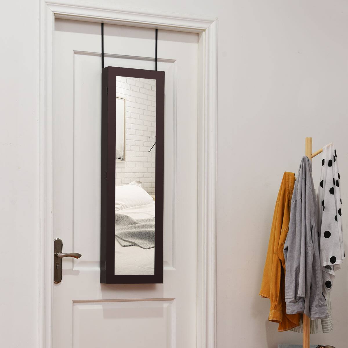 Left. Costway - Wall Door Mounted Mirrored Jewelry Cabinet Storage Organizer-Brown - Brown.