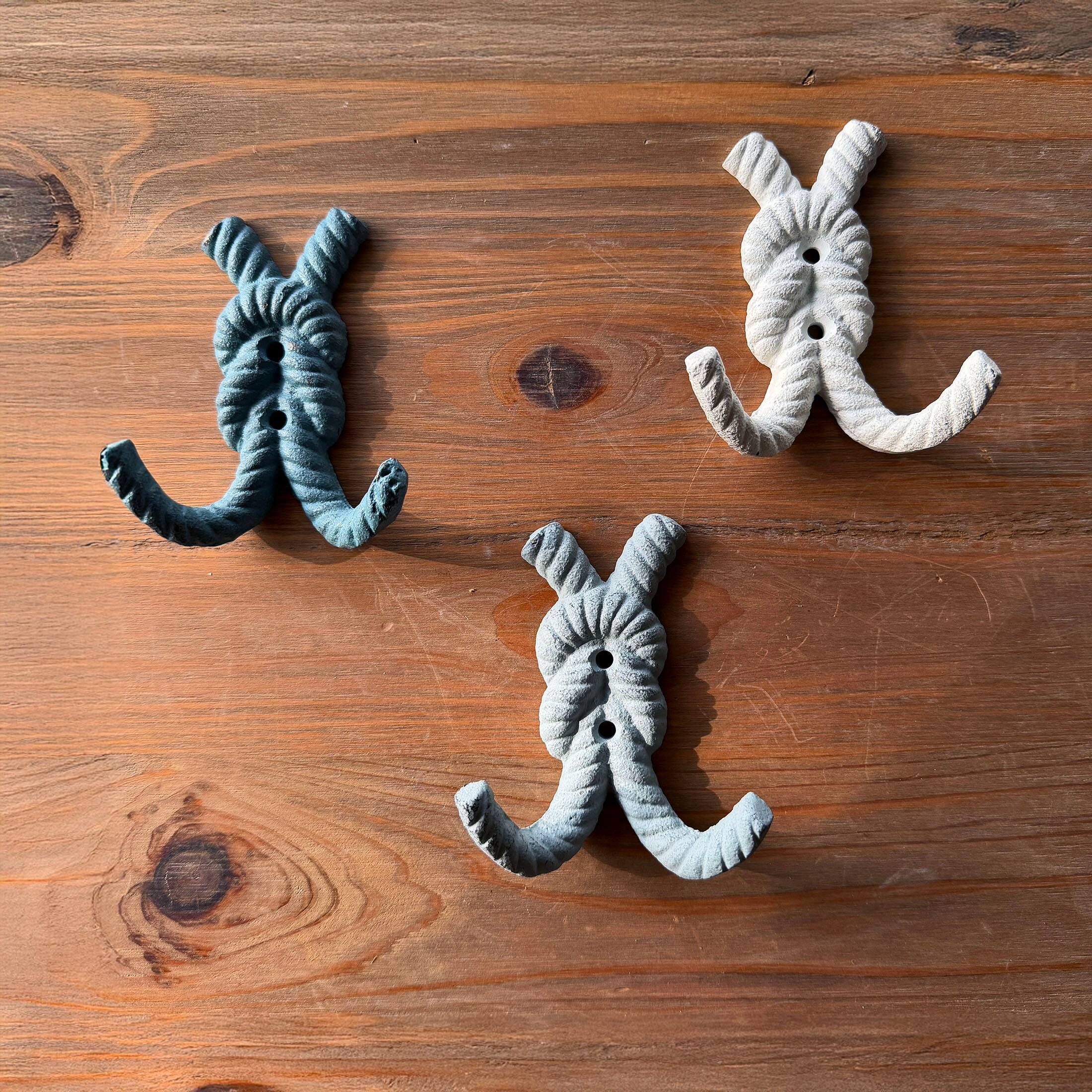 Alt View 3. Zeckos - Set of 3 Cast Iron Rope Knot Wall Hooks Nautical Coastal Beach Decor 4 inch - Multicolored.