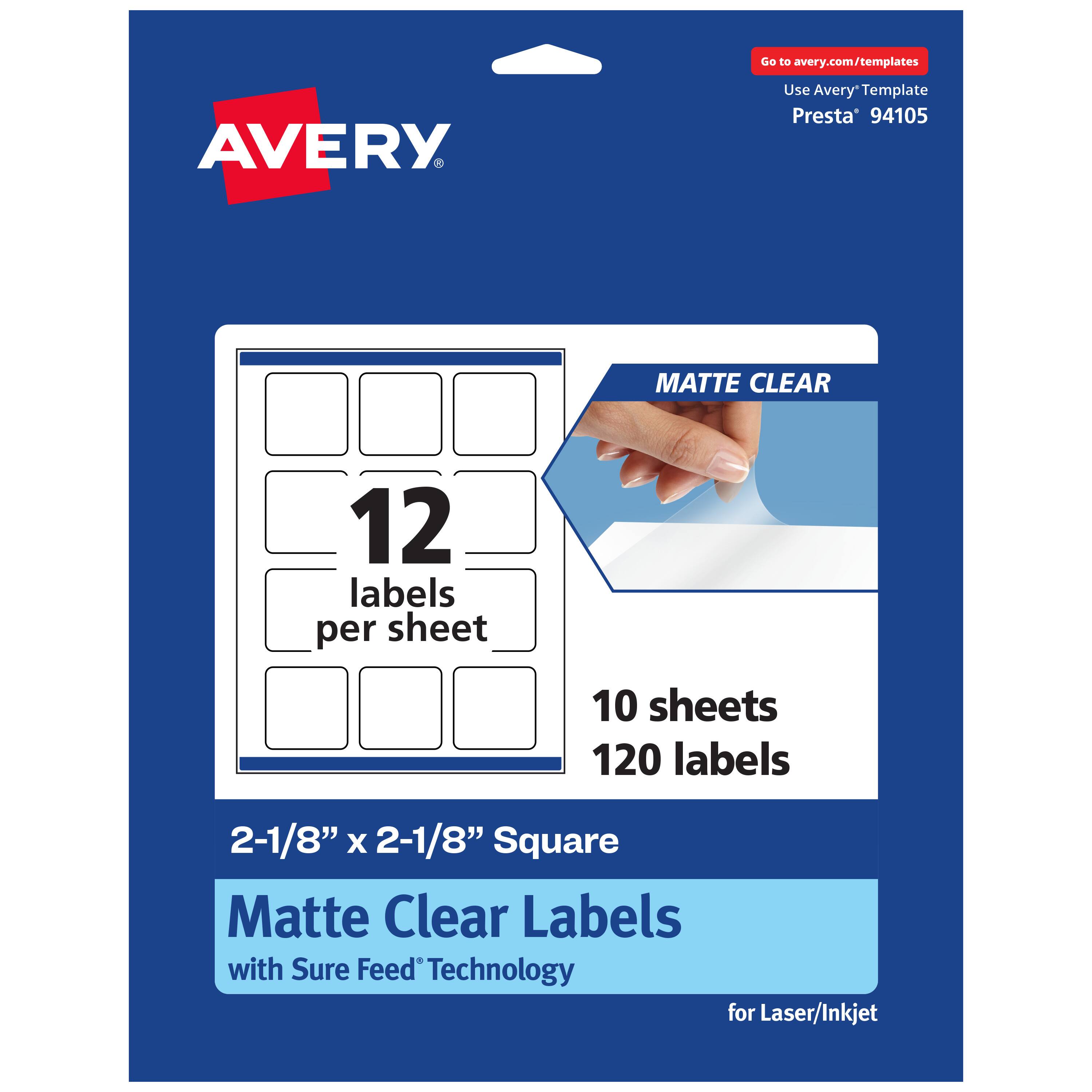 Go to avery.com/templates  
Use Avery Template Presta® 94105  

MATTE CLEAR  
12 labels per sheet  
10 sheets  
120 labels  

2-1/8" x 2-1/8" Square Matte Clear Labels with Sure Feed® Technology for Laser/Inkjet