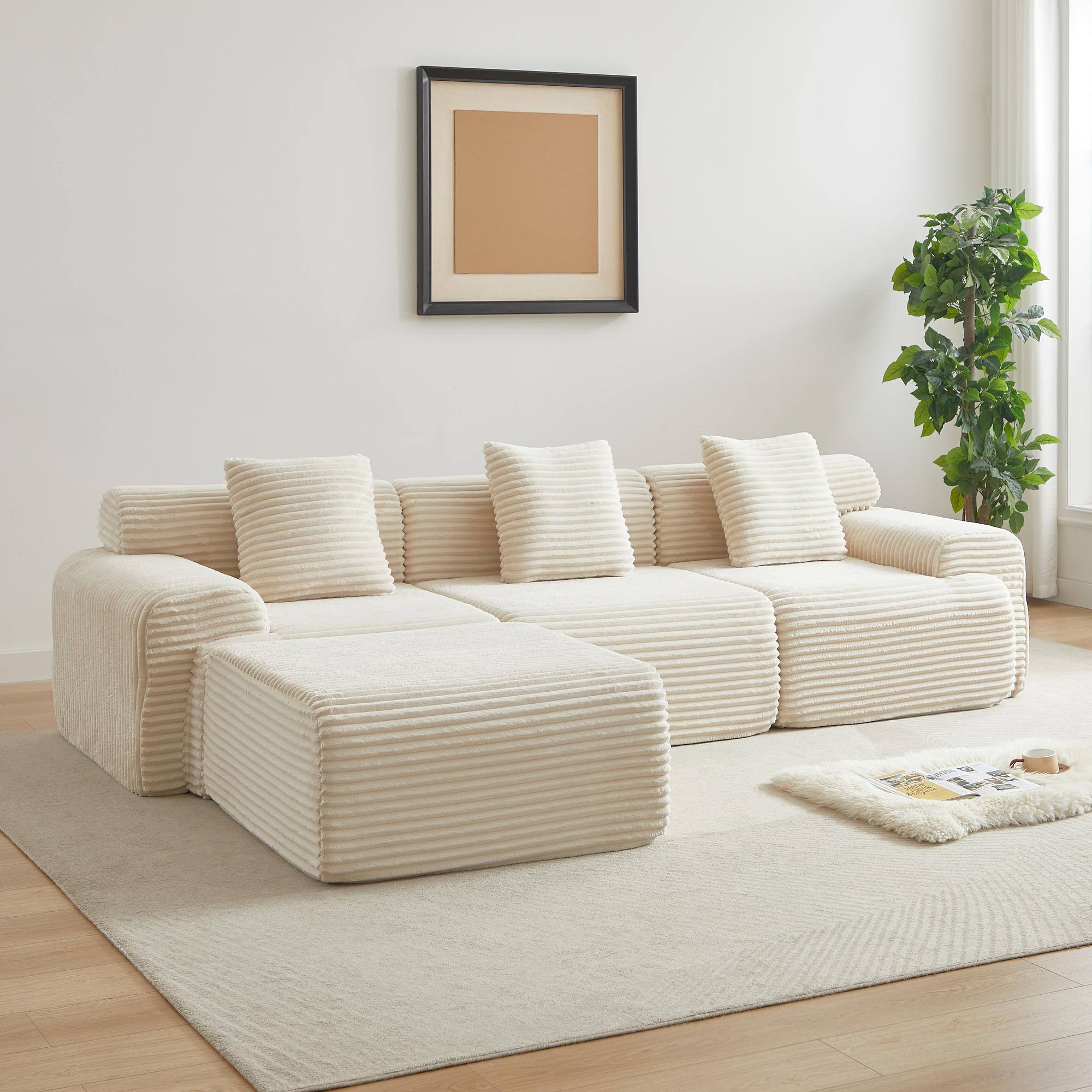 Front. Meqiodas - Corduroy Modular Sofa Boneless Couch, Featuring an Inlaid Structural Design, Three Throw Pillows, Wider Backrest Design - Beige.