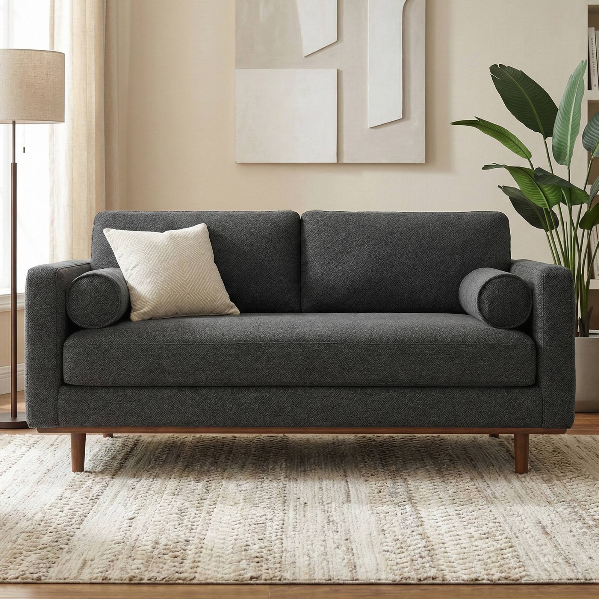 Front. Simpli Home - Morrison 72 inch Wide Mid-Century Modern Loveseat Sofa in Charcoal Grey Woven-Blend Fabric - Charcoal Grey.