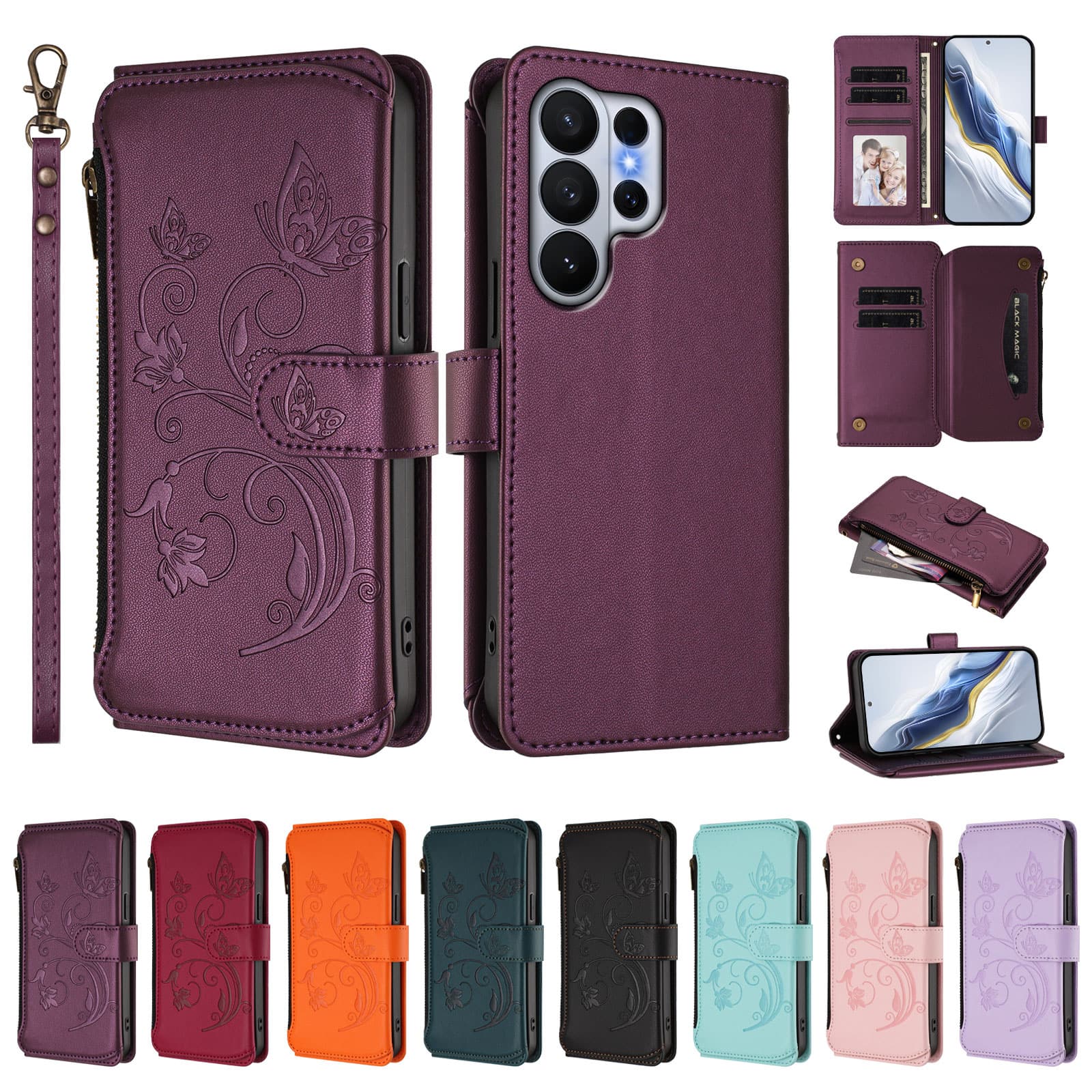 Dteck - Crossbody Wallet Case for Samsung Galaxy S26 Ultra,Embossed Butterfly Flower Folio Cover with Zipper Pocket+Strap - Darkpurple price history on PriceWatchPro