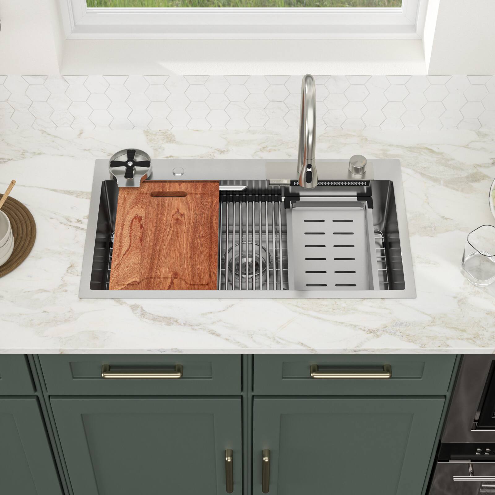 Back. Lordear - 33x19x9 Inch Drop-In Single Bowl 16-Gauge Stainless Steel Brushed Workstation Waterfall Kitchen Sink with Faucet Combo - Brushed Nickel.