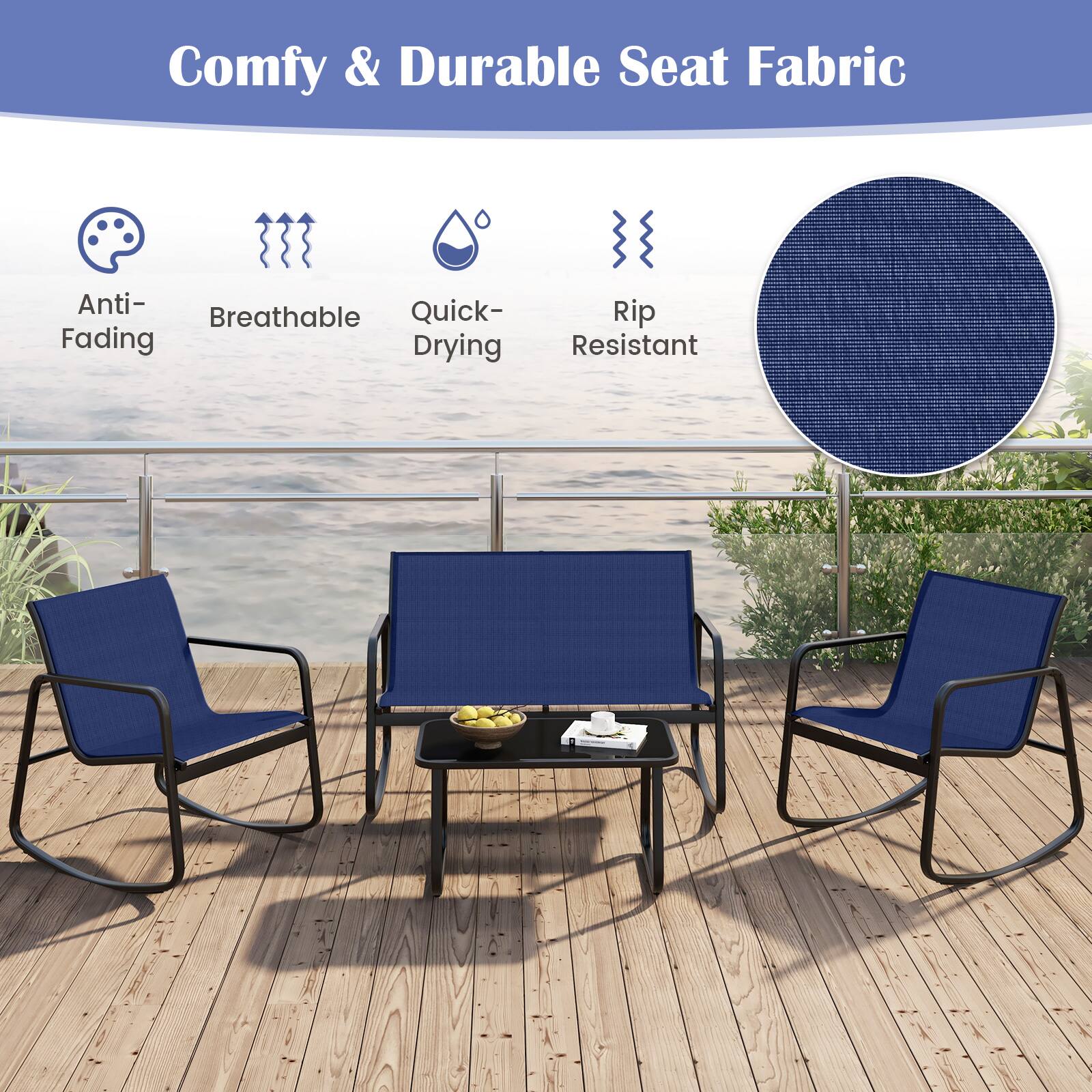 The text on the image reads: "Comfy & Durable Seat Fabric Anti-Fading Quick-Drying Rip Resistant."
