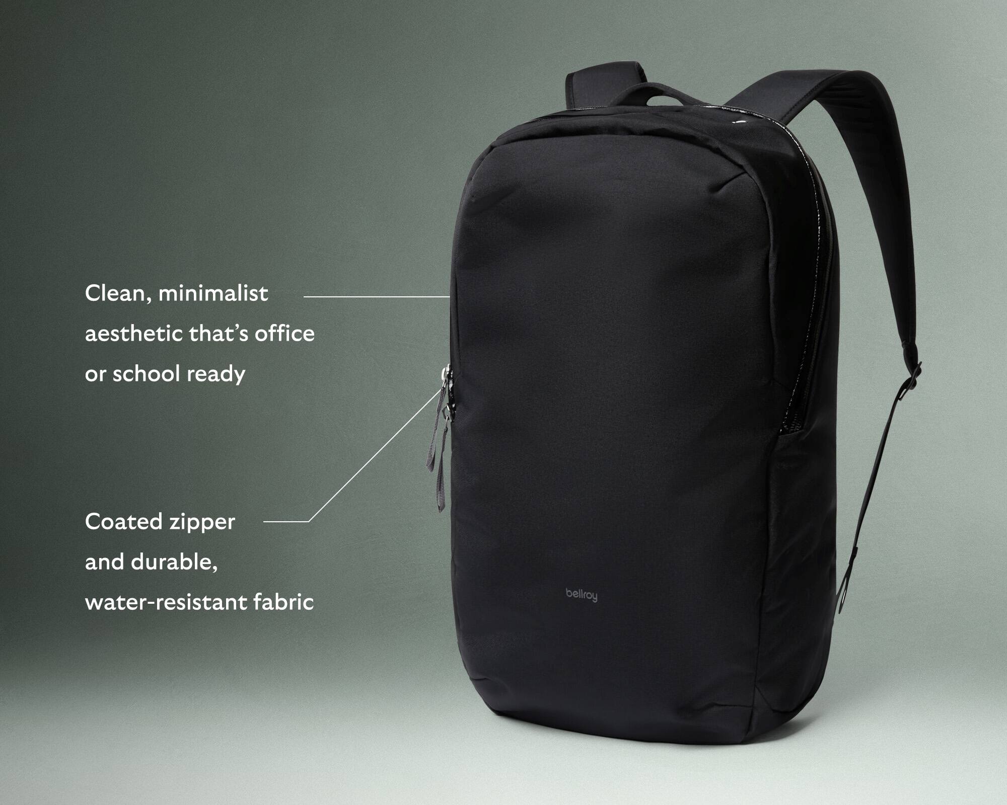 Clean, minimalist aesthetic that's office or school ready. Coated zipper and durable, water-resistant fabric.