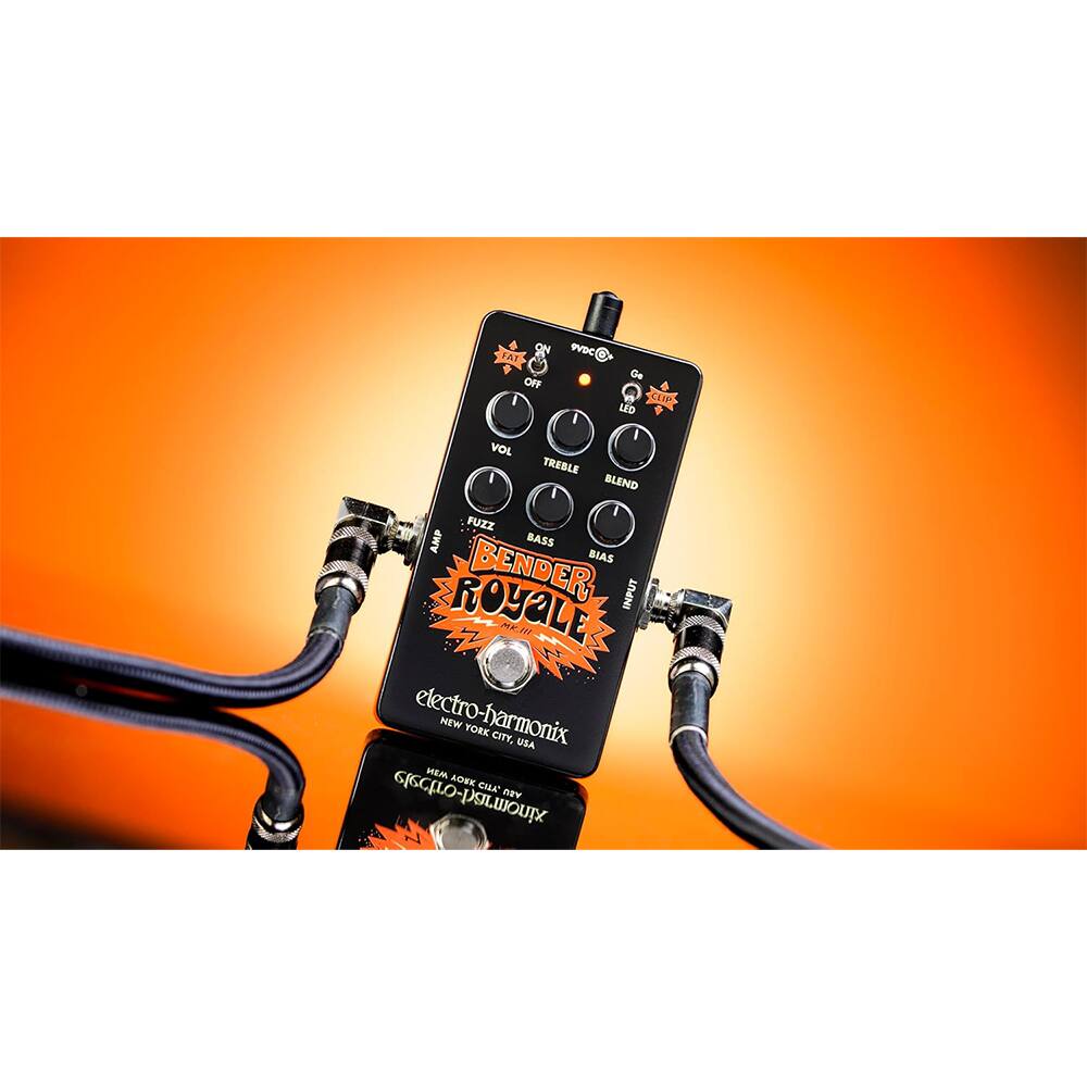1A3 WDC De OFF I KINP LED I VOL TREBLE I BLEND FUZZ AMP BASS BIAS BENDER INPUT ROYALE AE NY electro-harmonix MEW YORK CITY, USA MEM AOXK CILE nEv electro-harmonix