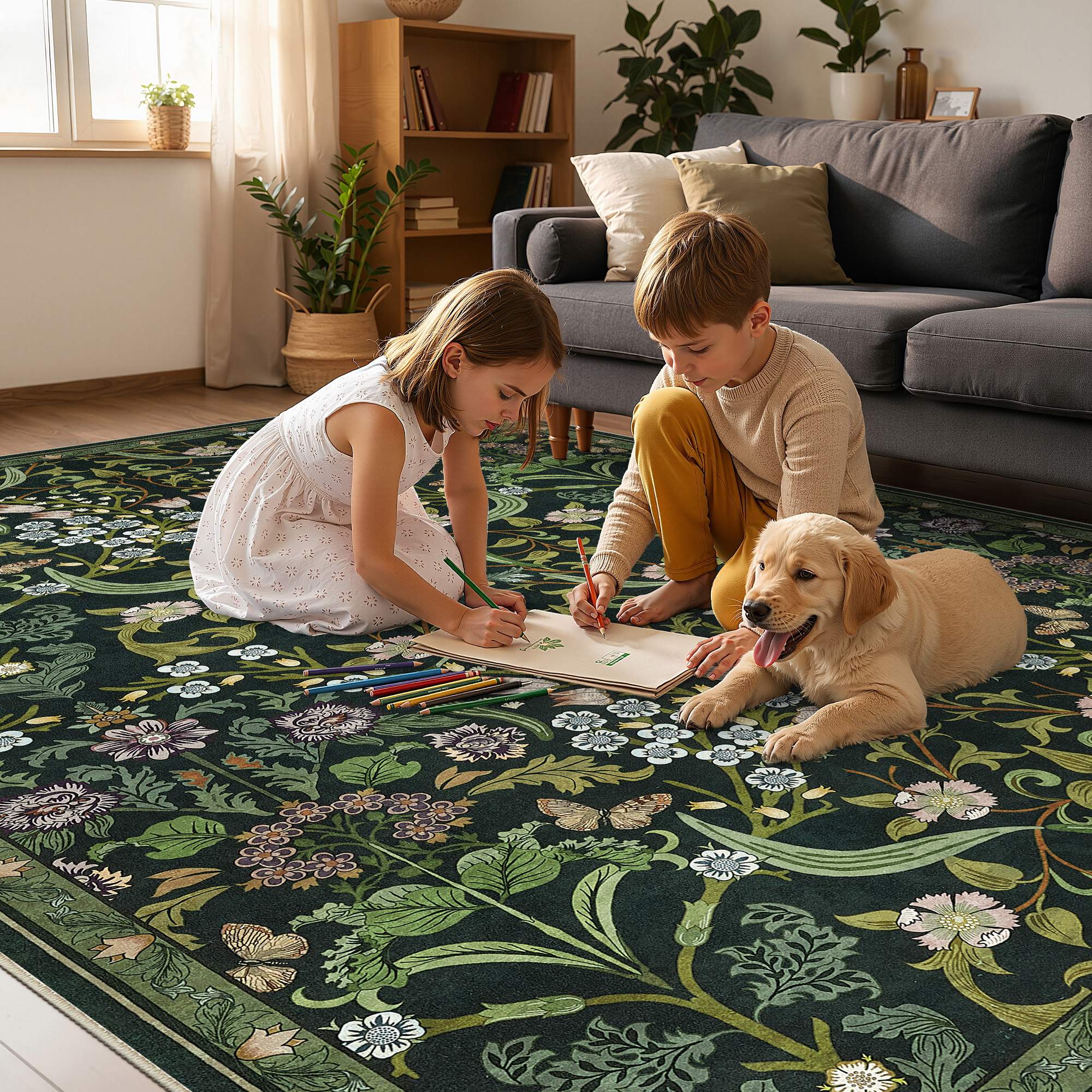 Back. Yardgrace - 8'x10' ft Floral Bohemian Area Rug, Vintage Washable Printed Boho Carpet for Living Room Bedroom - Green.