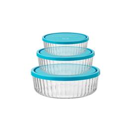 Bormioli Rocco - Frigoverre Brilliante 3 Piece Set, Ribbed Round Glass Containers - 13.25oz, 27.75oz & 51.75oz - Clear and Blue
