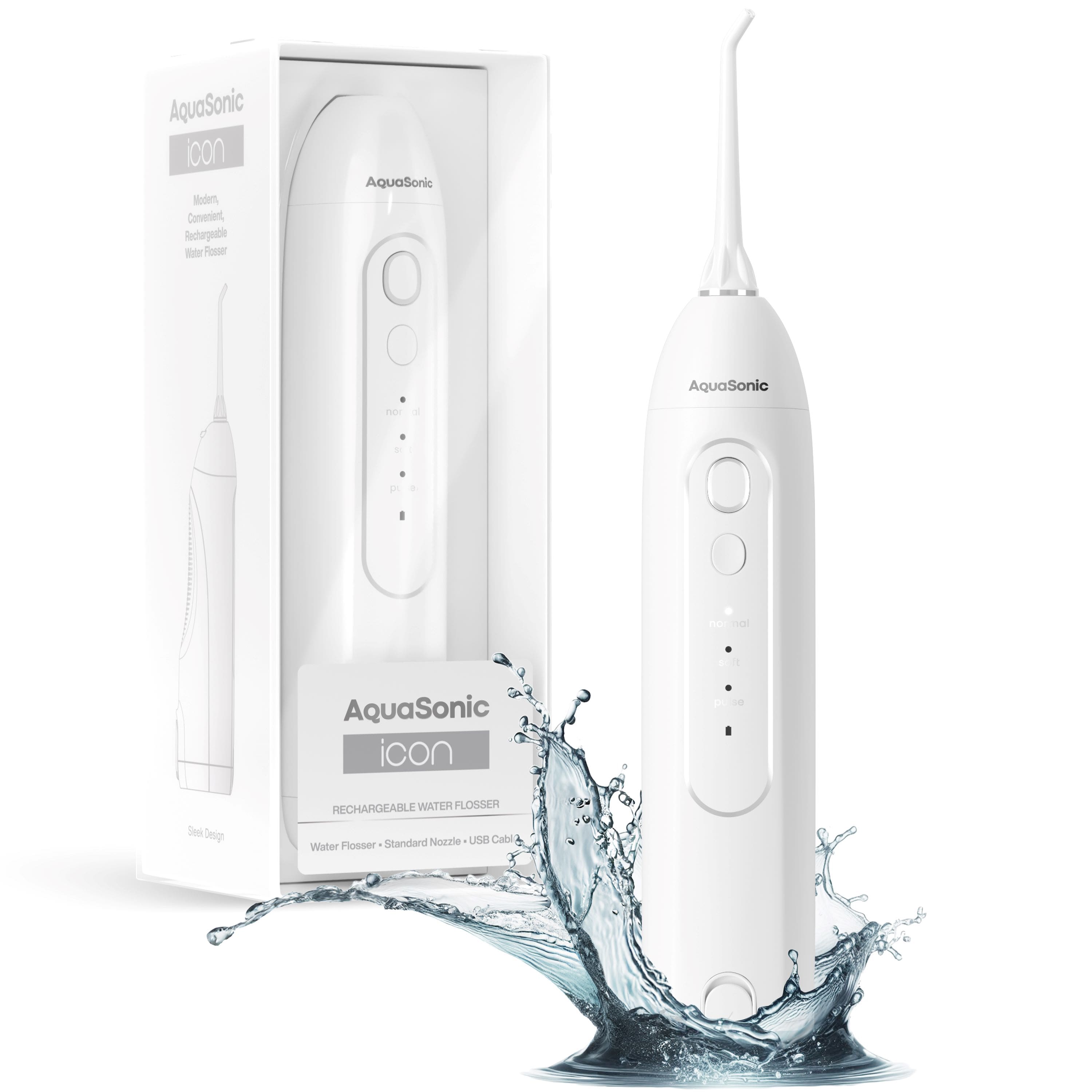 AquaSonic icon Modern Convenient Rechargeable Water Flosser AquaSonic AquaSonic d d d d notnal AquaSonic icon Pte Strk Deig RECHARGEABLE WATER FLOSSER Standard Nozzle LR Cabi Water Flosser