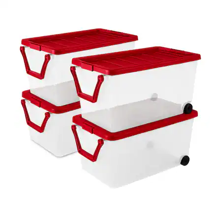 Front. Sterilite - Sterilite 160 Qt Wheeled Storage Box, Large Plastic Container with Lid, 4 Pack - Rocket Red.