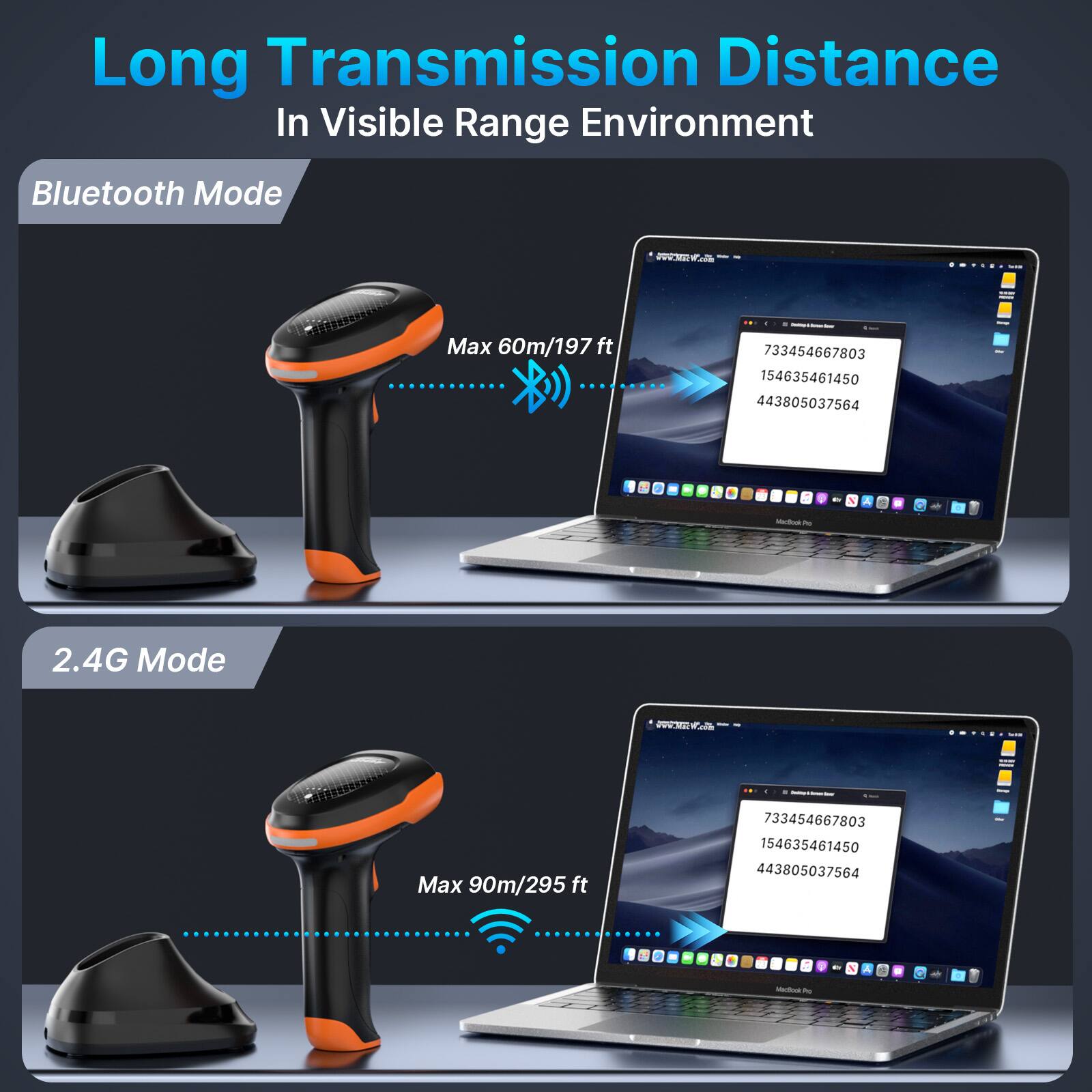 Long Transmission Distance  
In Visible Range Environment  

Bluetooth Mode  
Max 60m/197 ft  

2.4G Mode  
Max 90m/295 ft  

733454667803  
154635461450  
443805037564