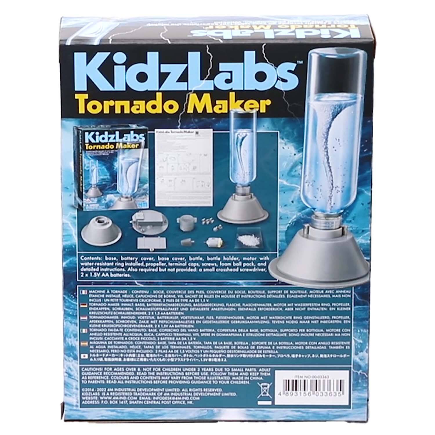 KidzLabs Tornado Maker Contents: Bottle cover, bolt cover, bolt holder, motor with water-resistant ring installed, propeller, terminal cover, screws, foam bolt plug, and detached instructions. Also required but not provided: small crosshead screwdriver, 2x 1.5V AA batteries. Machine not suitable for children under 3 years due to small parts. Adult supervision required. Read the instructions before use and follow them. Keep them as a reference. Colours and contents may vary from those illustrated in China. All rights reserved.