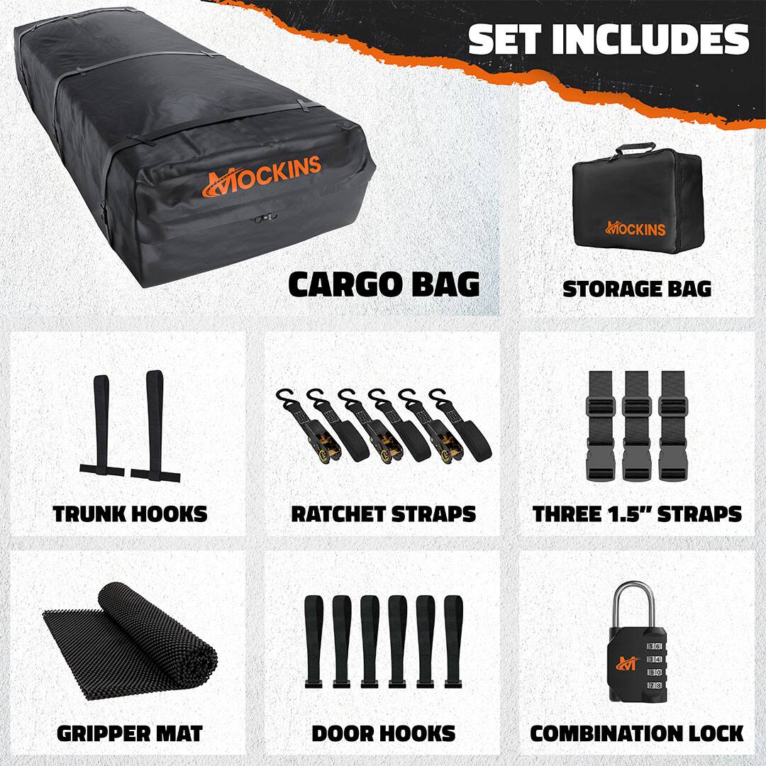 SET INCLUDES  
CARGO BAG  
STORAGE BAG  
TRUNK HOOKS  
RATCHET STRAPS  
THREE 1.5" STRAPS  
GRIPPER MAT  
DOOR HOOKS  
COMBINATION LOCK
