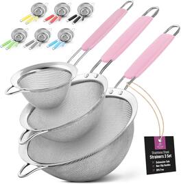 Zulay Kitchen - Premium Stainless Steel Fine Mesh Strainer Set - Strainers For Kitchen (Set of 3) with Non-Slip Handles - Pink